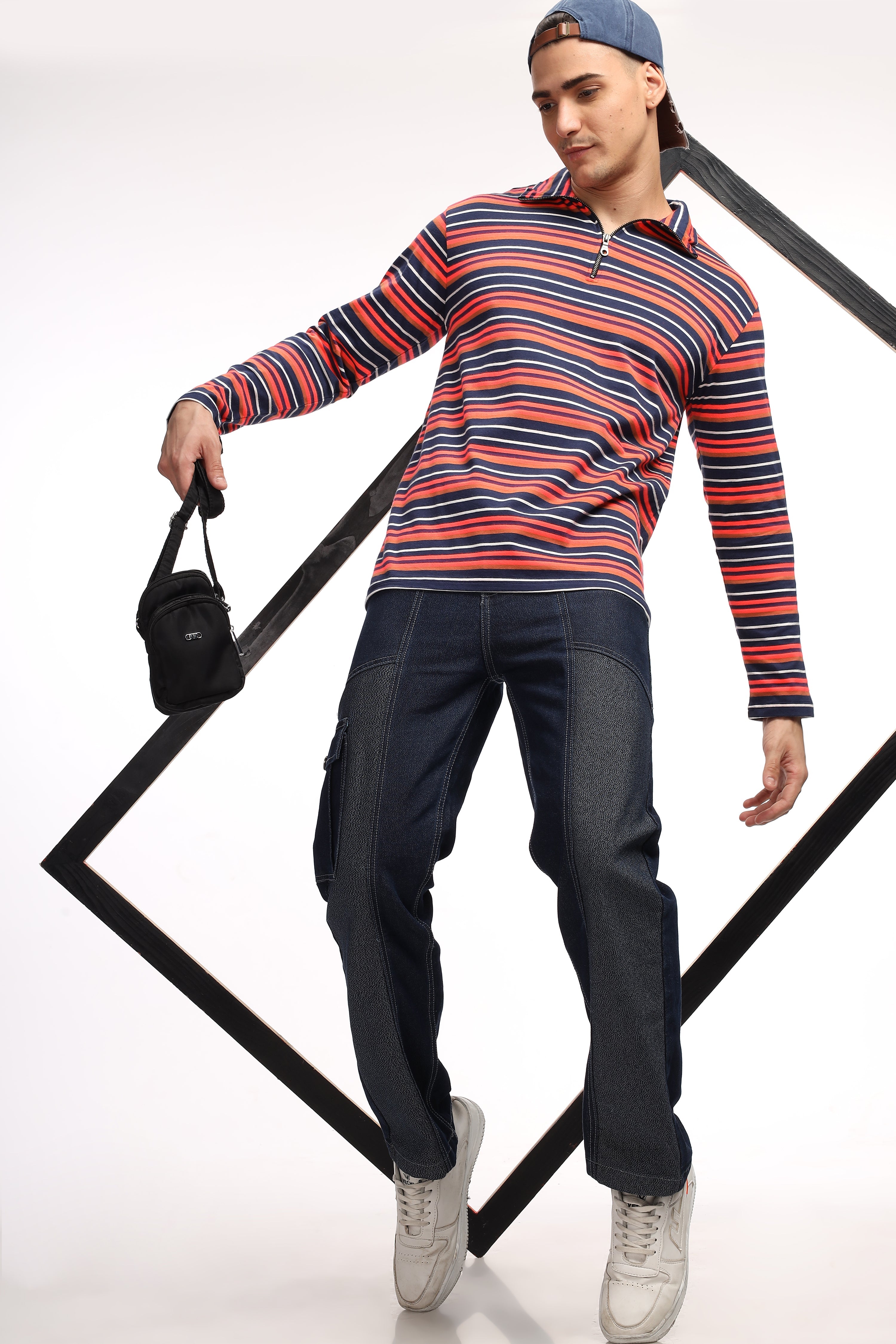 Black Red Self Design Striped Zipper T-Shirt