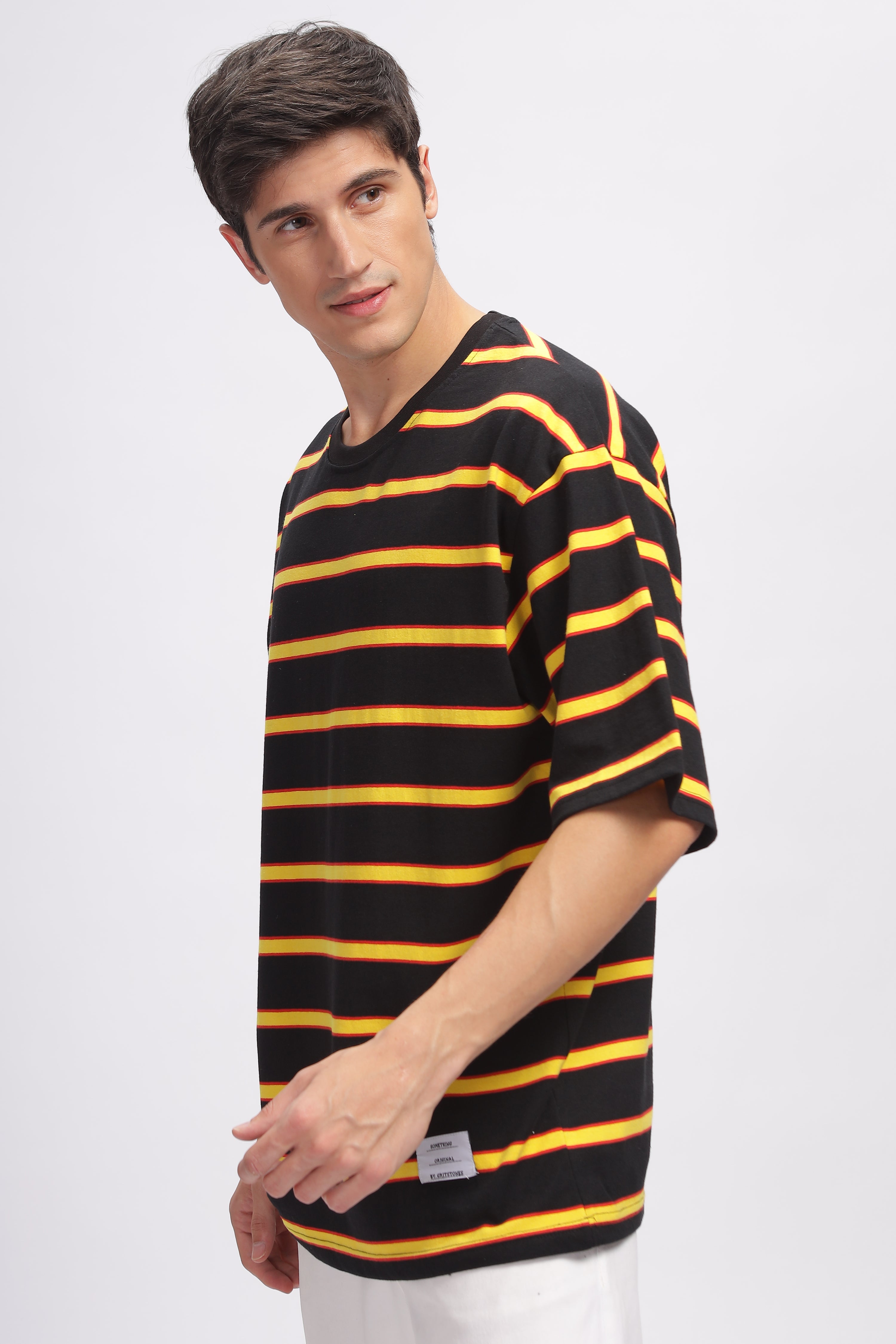 Black Oversized Striped Cotton Knit T-Shirt