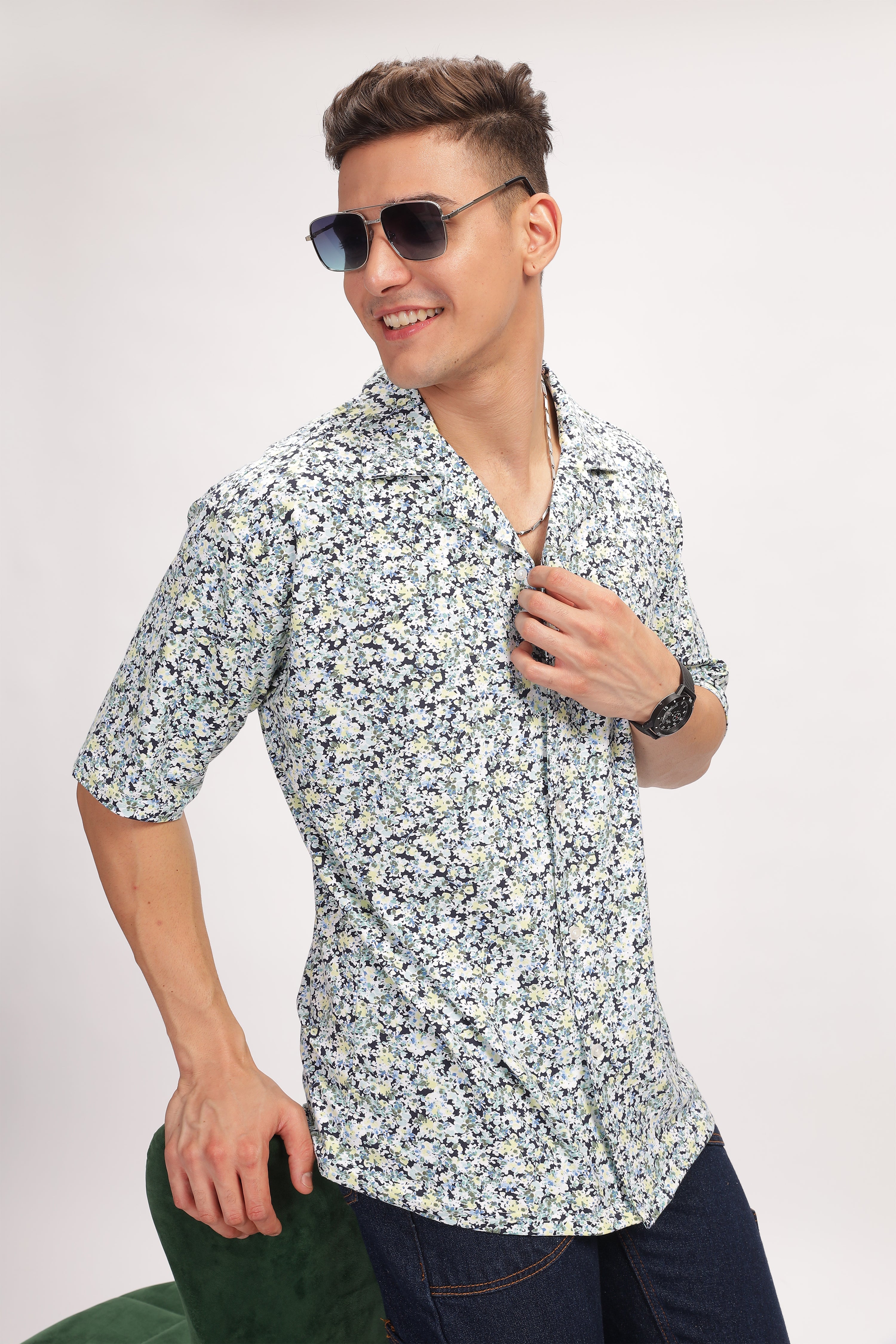 White Floral Revere Collar Shirt