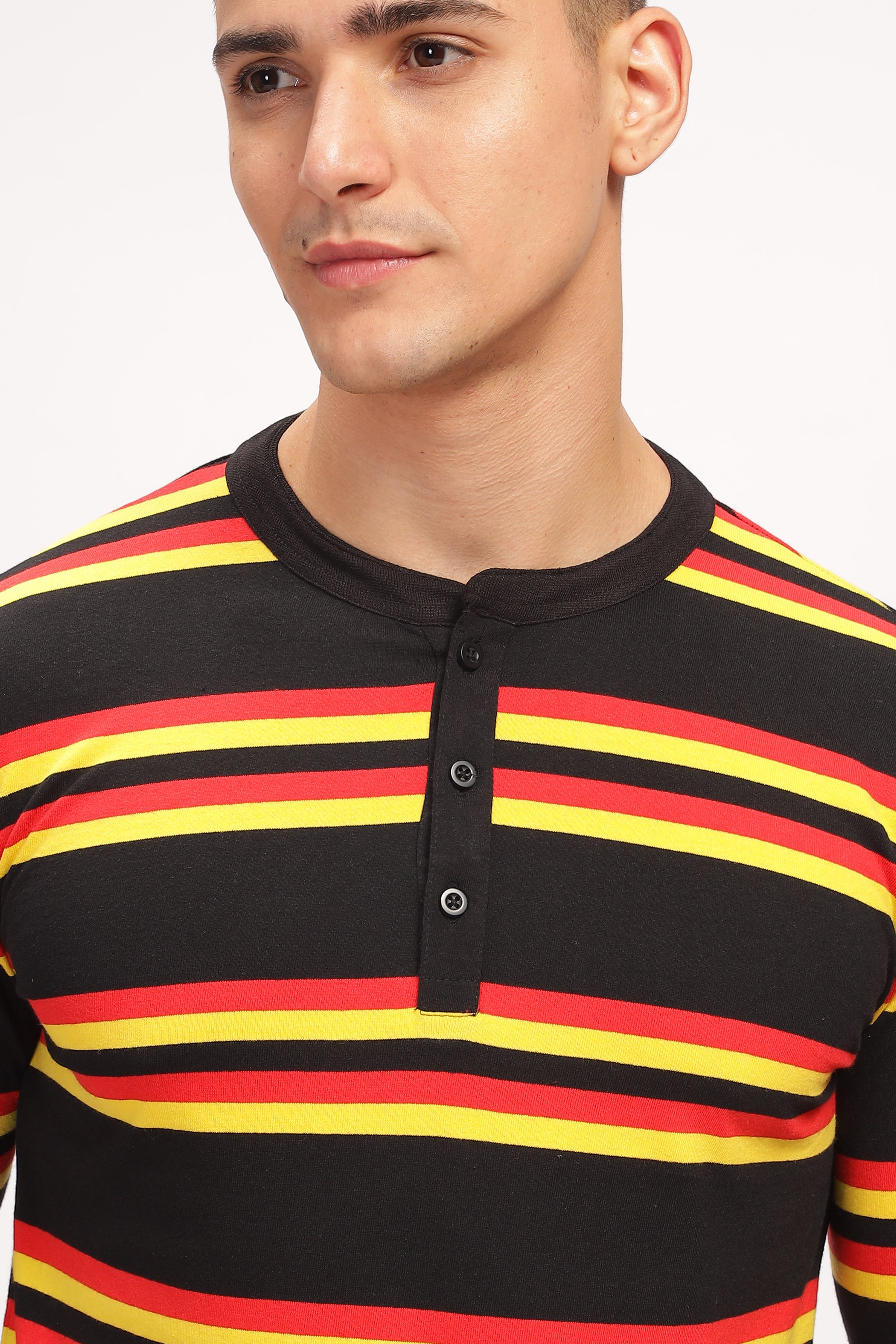 Red Black Color Blocked Henley Neck T-Shirt