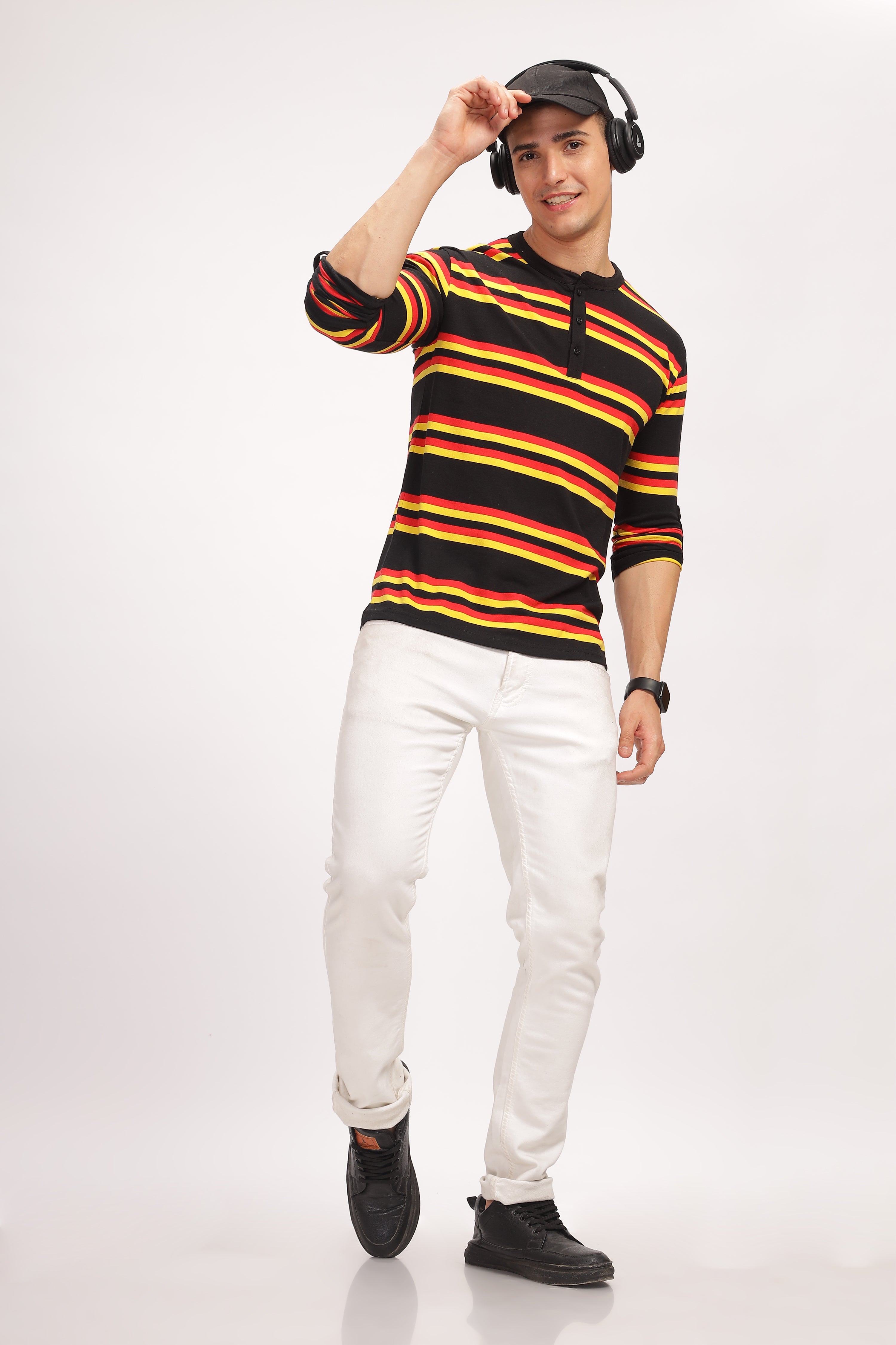 Red Black Color Blocked Henley Neck T-Shirt