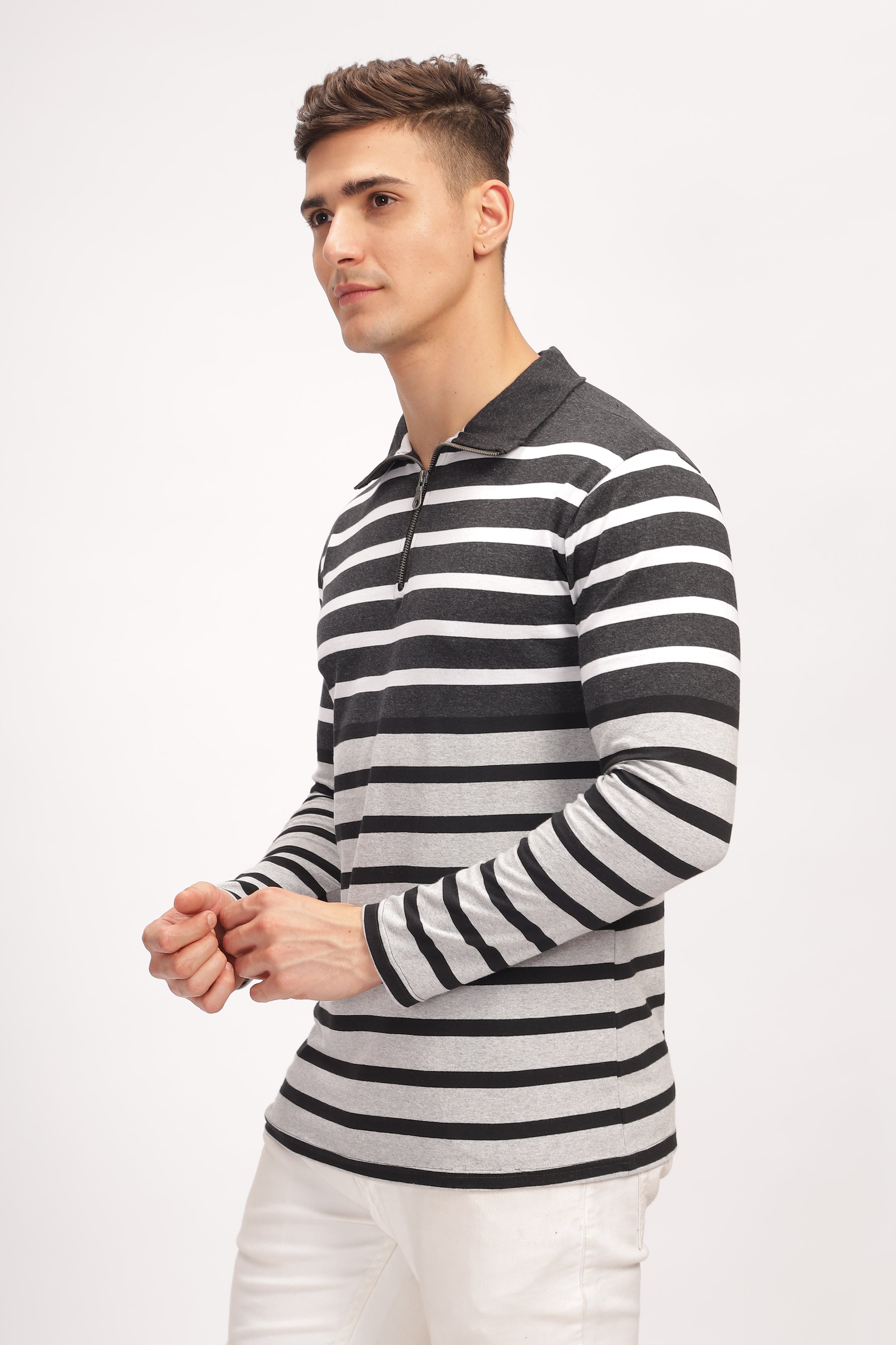 Grey Black Striper Zipper T-Shirt