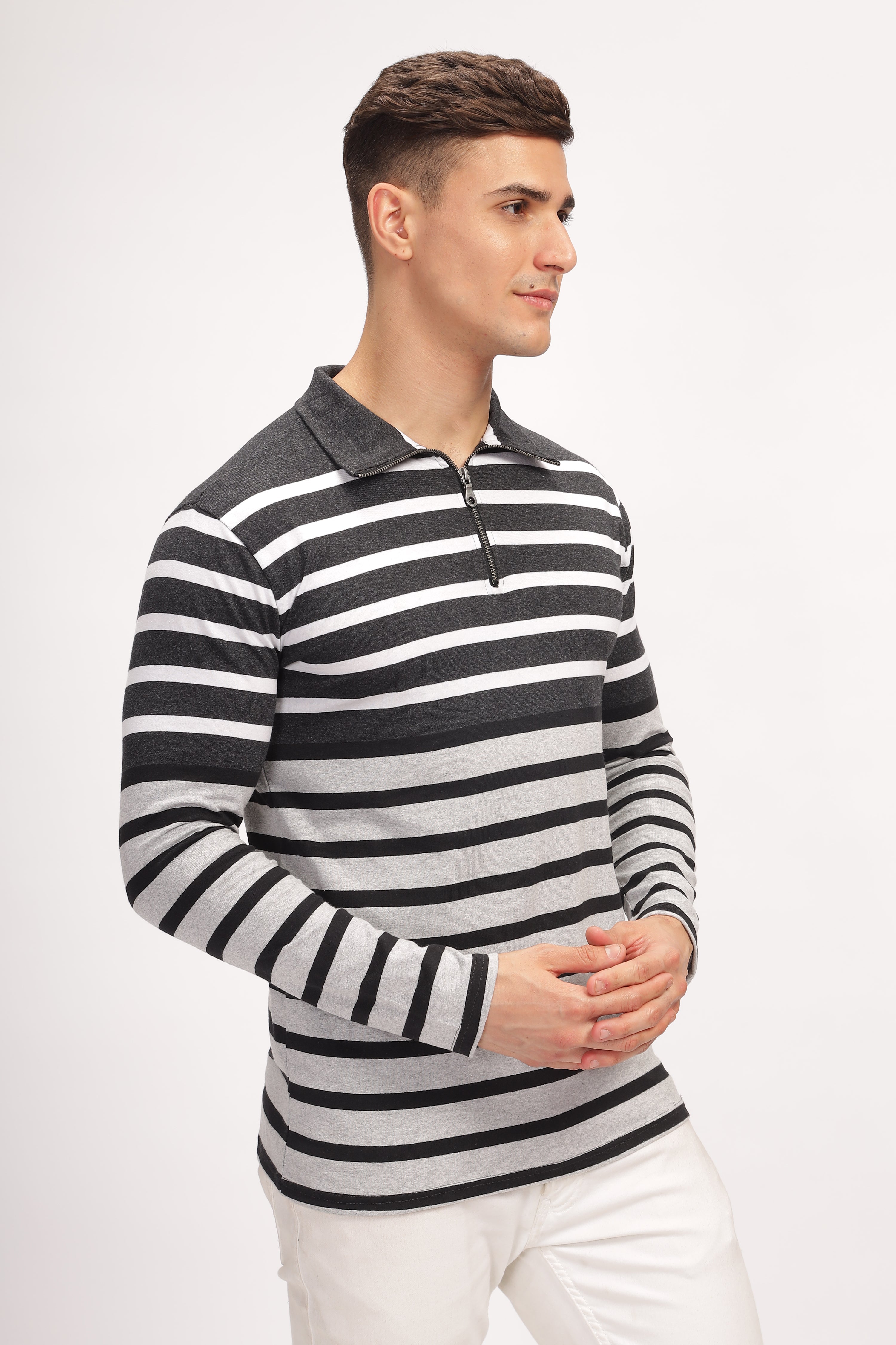 Grey Black Striper Zipper T-Shirt