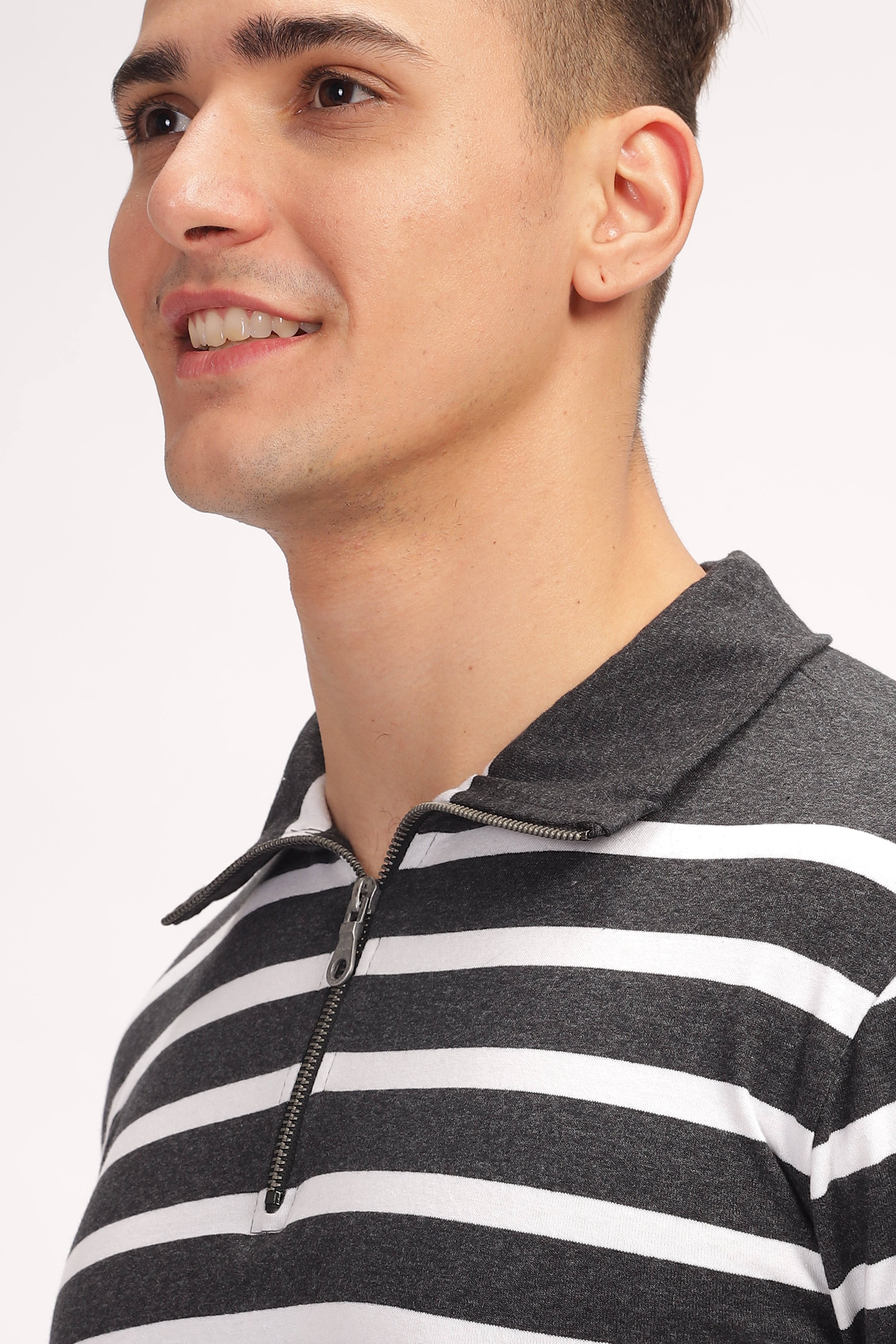 Grey Black Striper Zipper T-Shirt