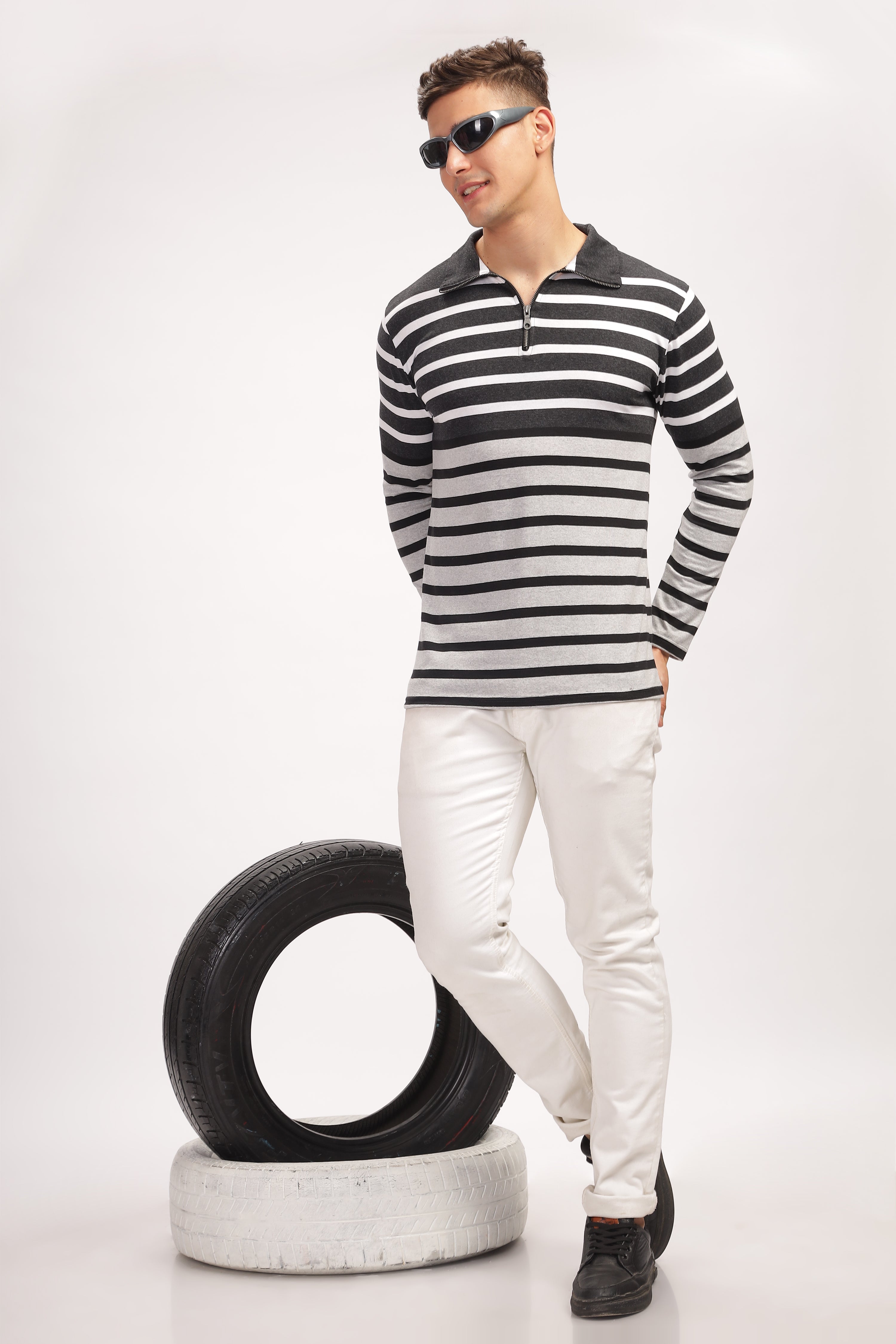 Grey Black Striper Zipper T-Shirt