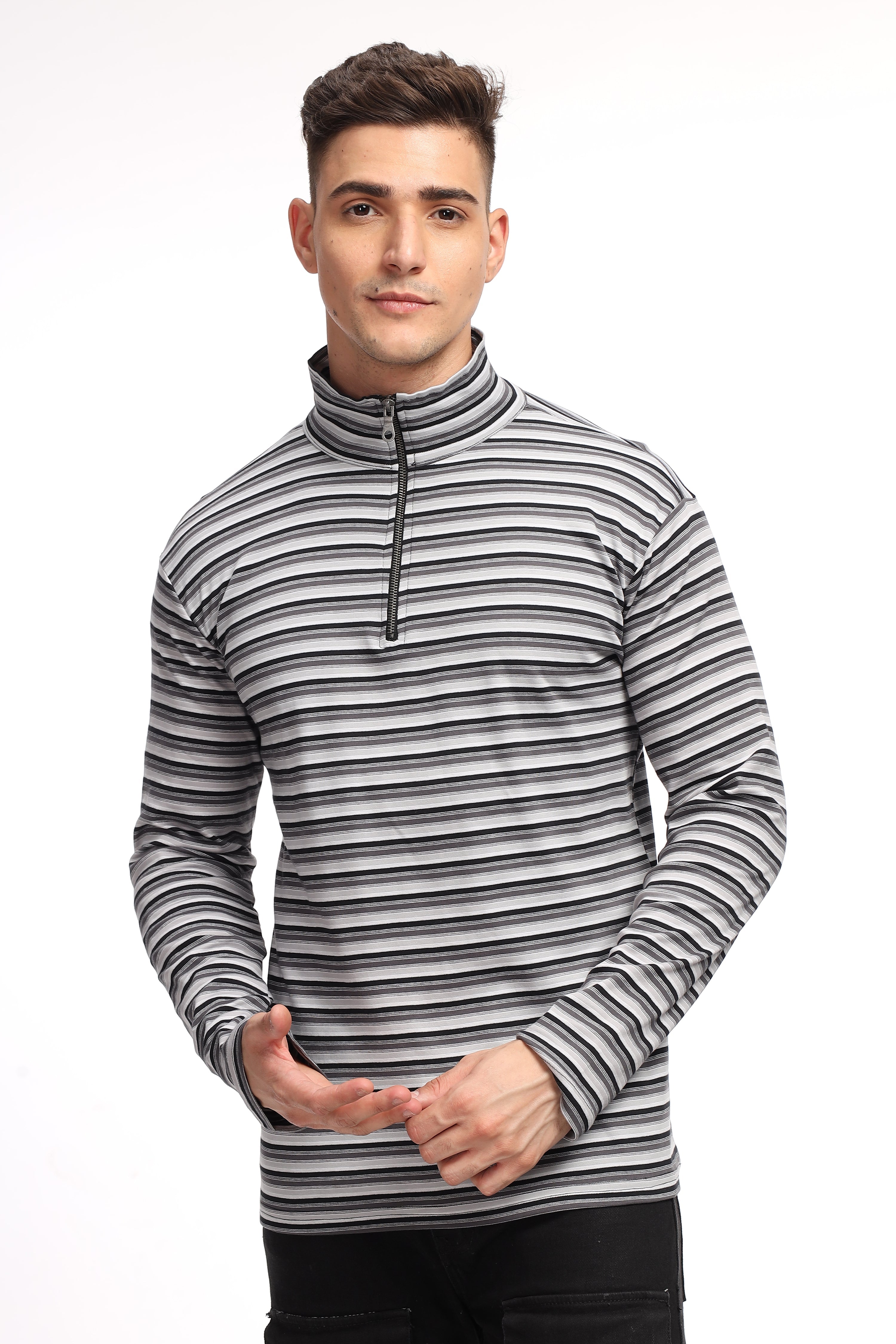 Black Self Design Stripes Zipper T-Shirt