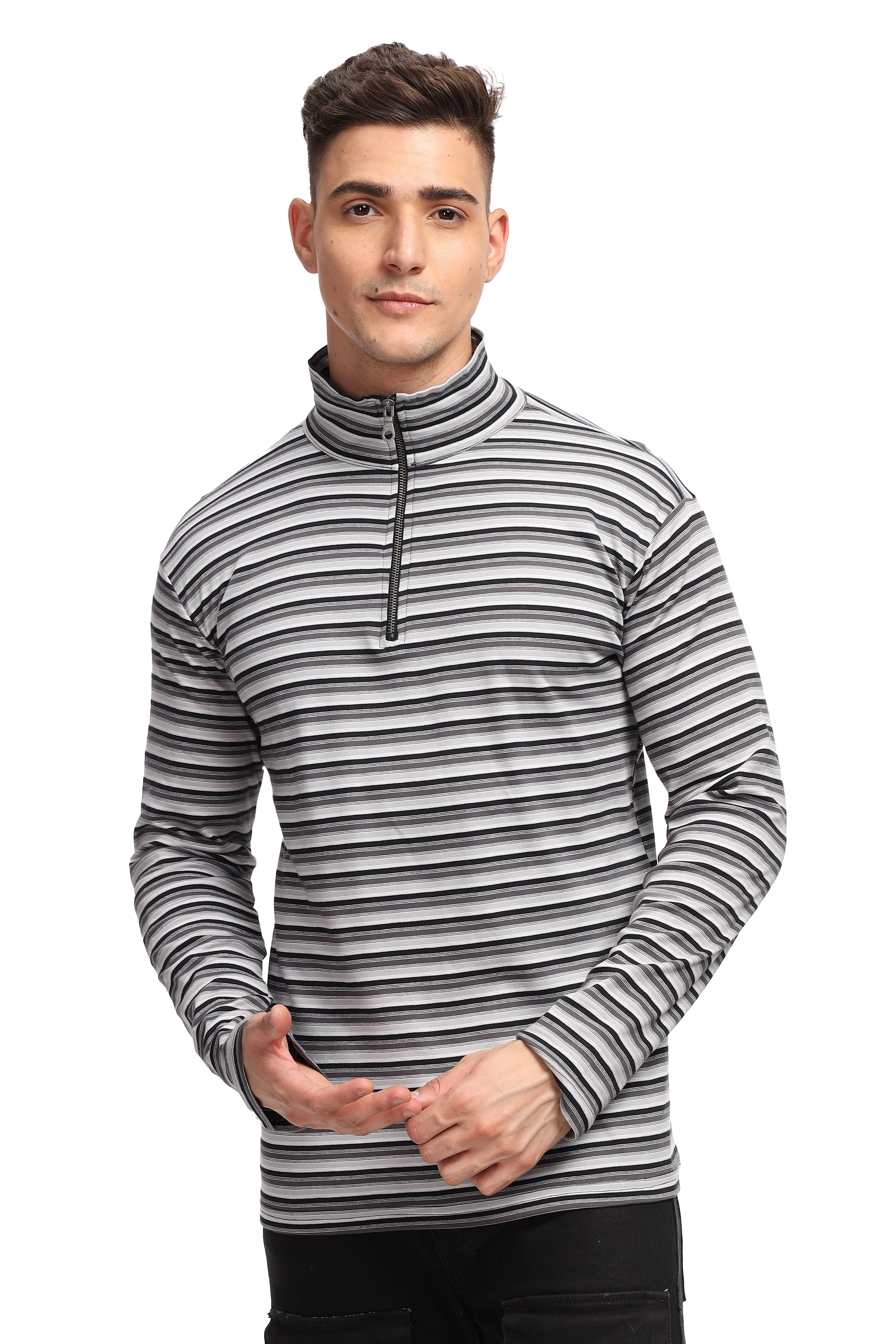 Black Self Design Stripes Zipper T-Shirt