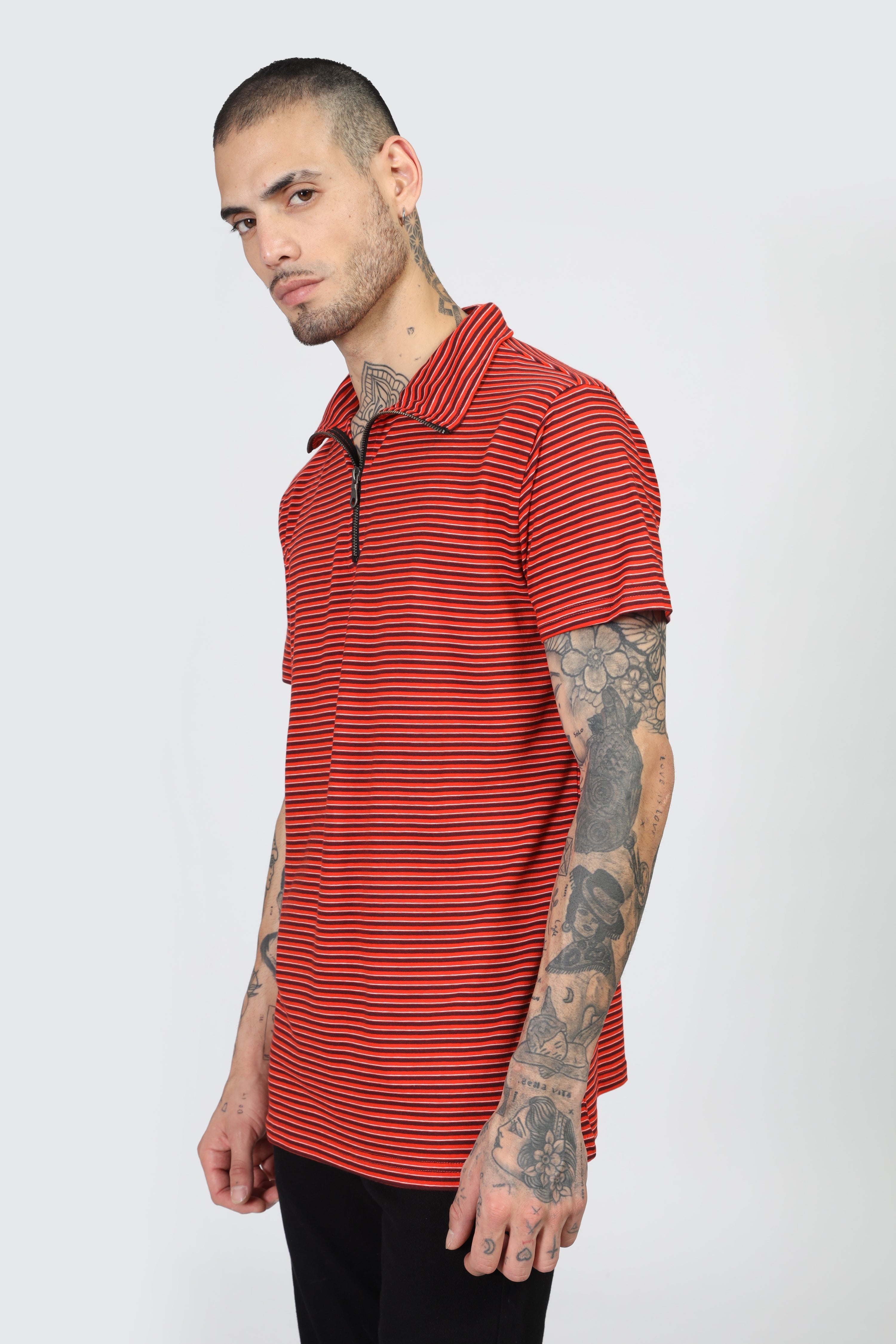 Red Horizontal Stripe Zipper T-Shirt