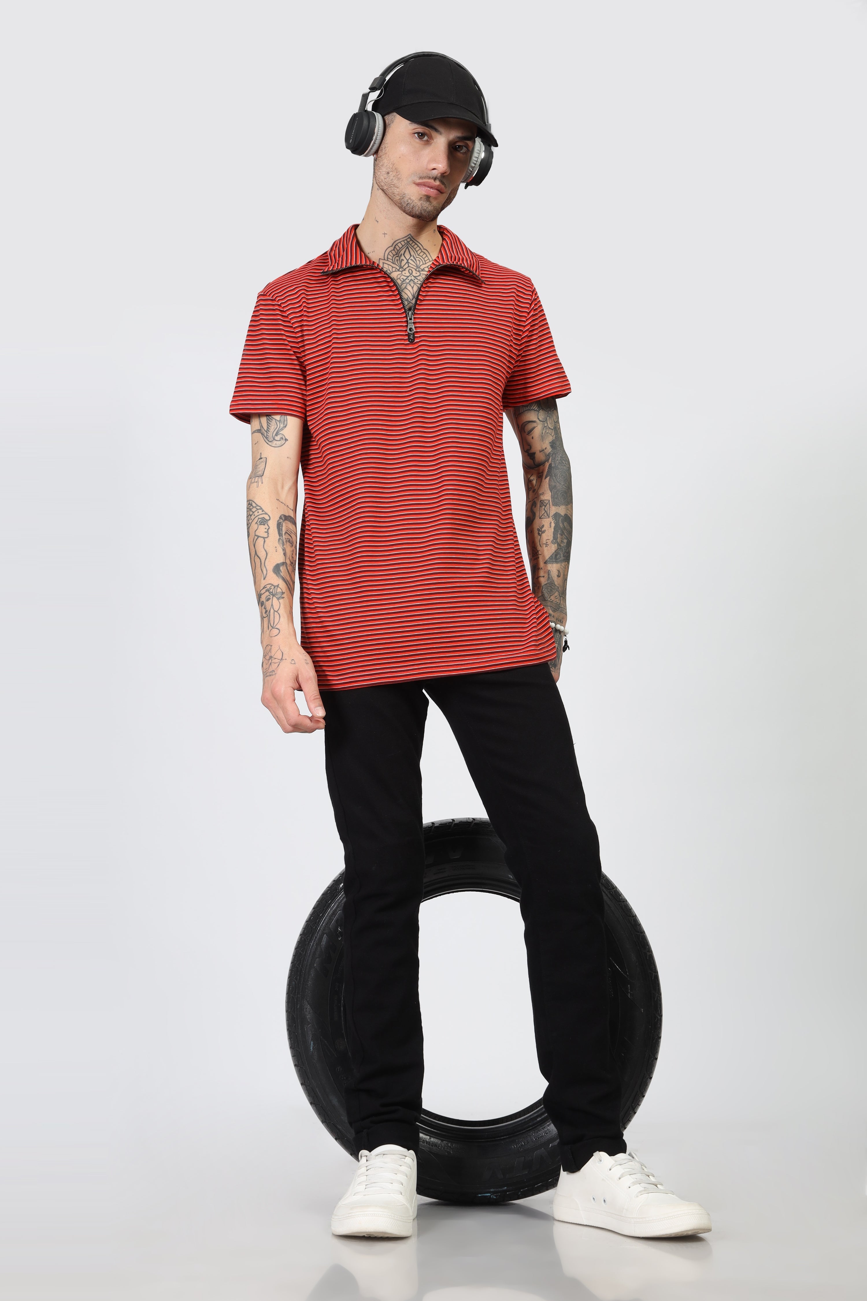 Red Horizontal Stripe Zipper T-Shirt