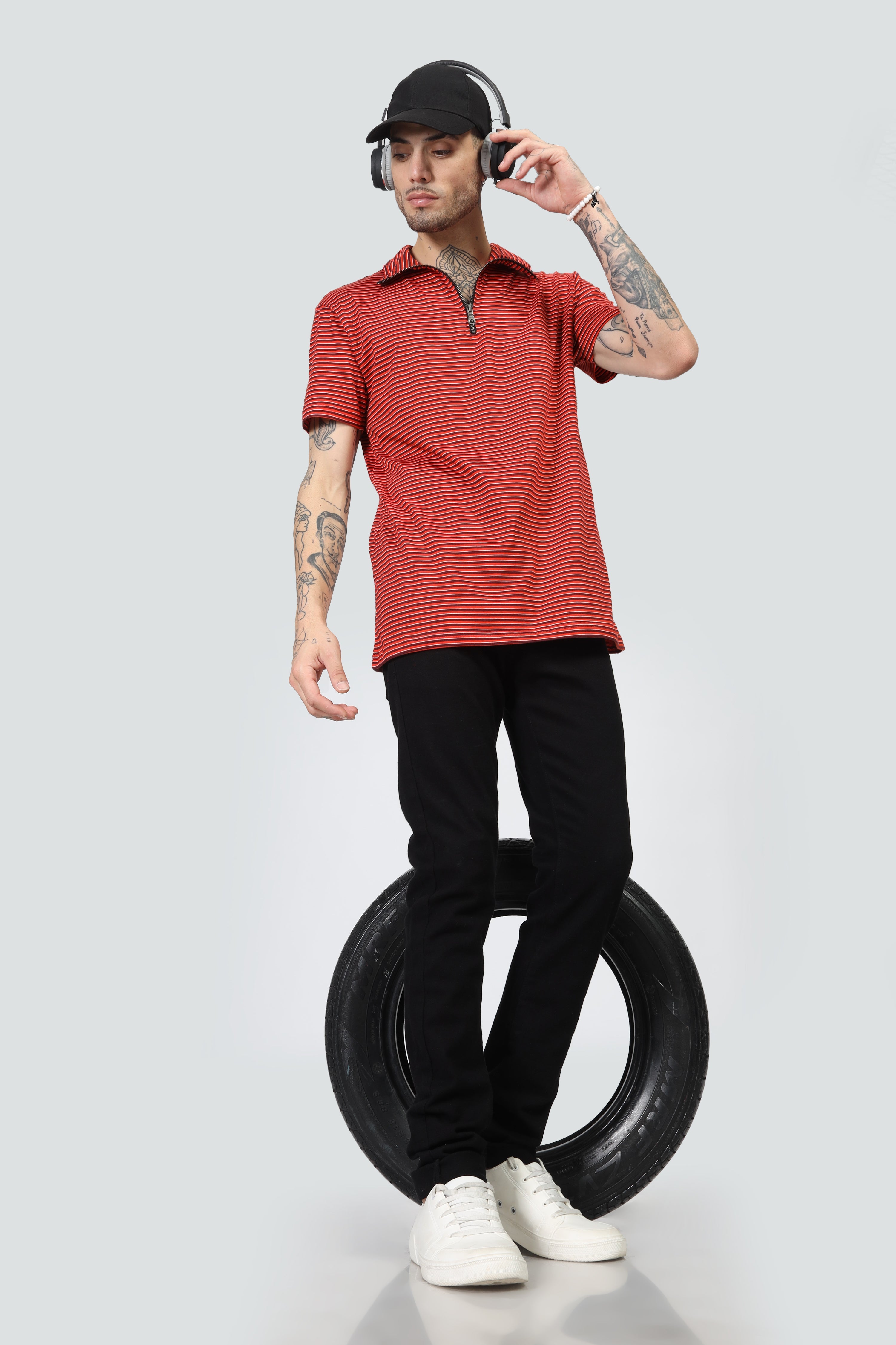 Red Horizontal Stripe Zipper T-Shirt