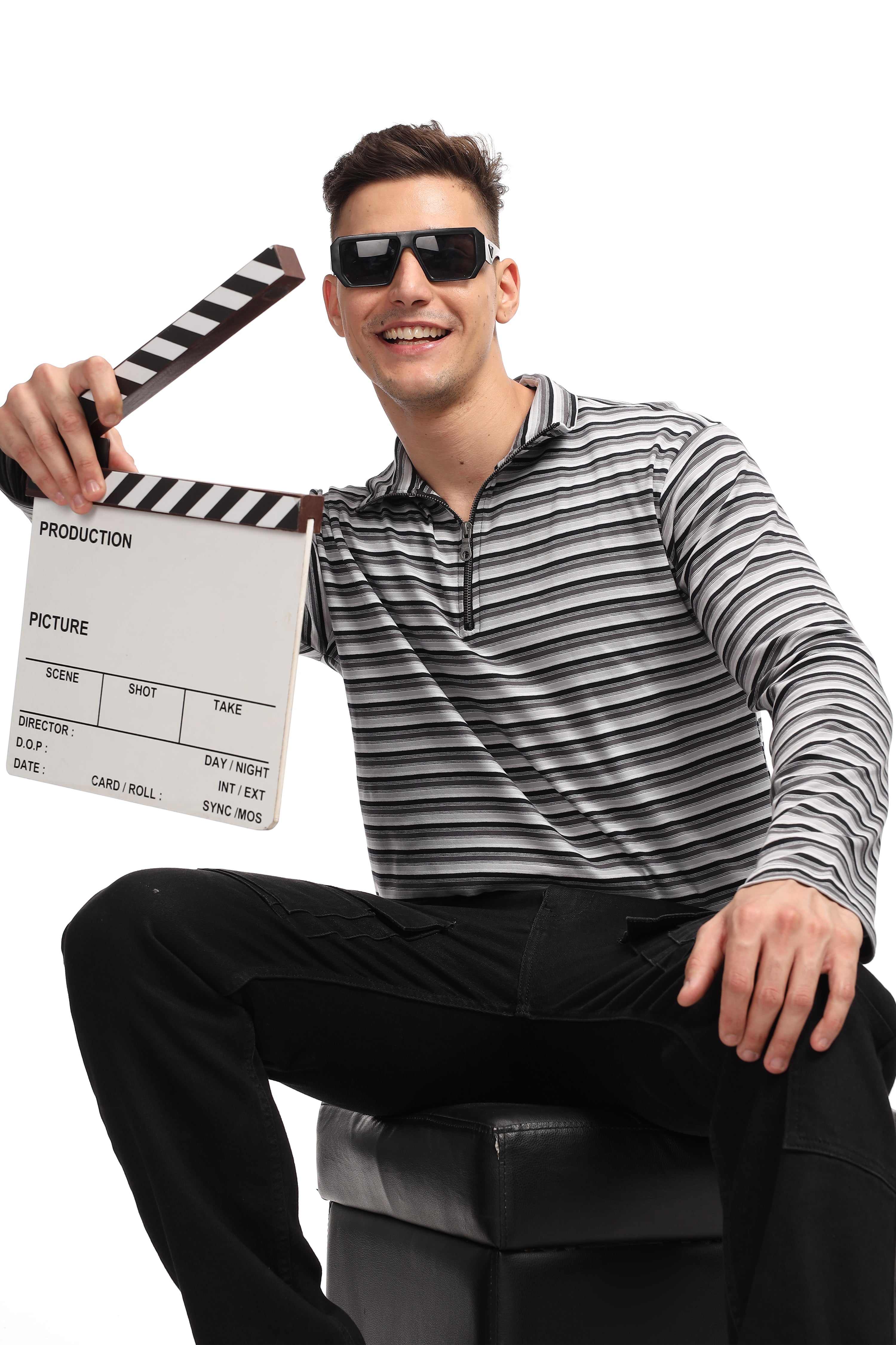 Black Self Design Stripes Zipper T-Shirt