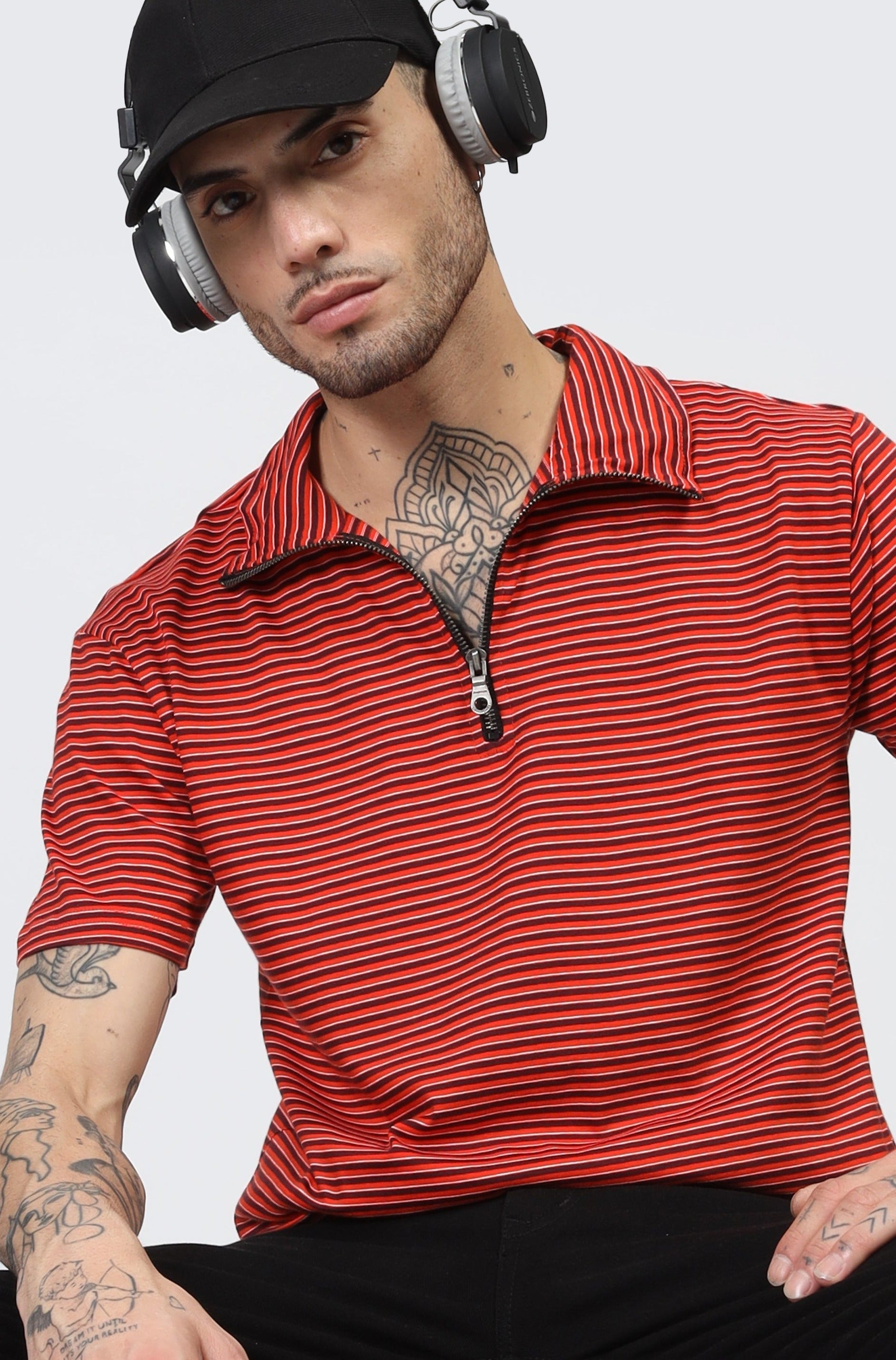 Red Horizontal Stripe Zipper T-Shirt