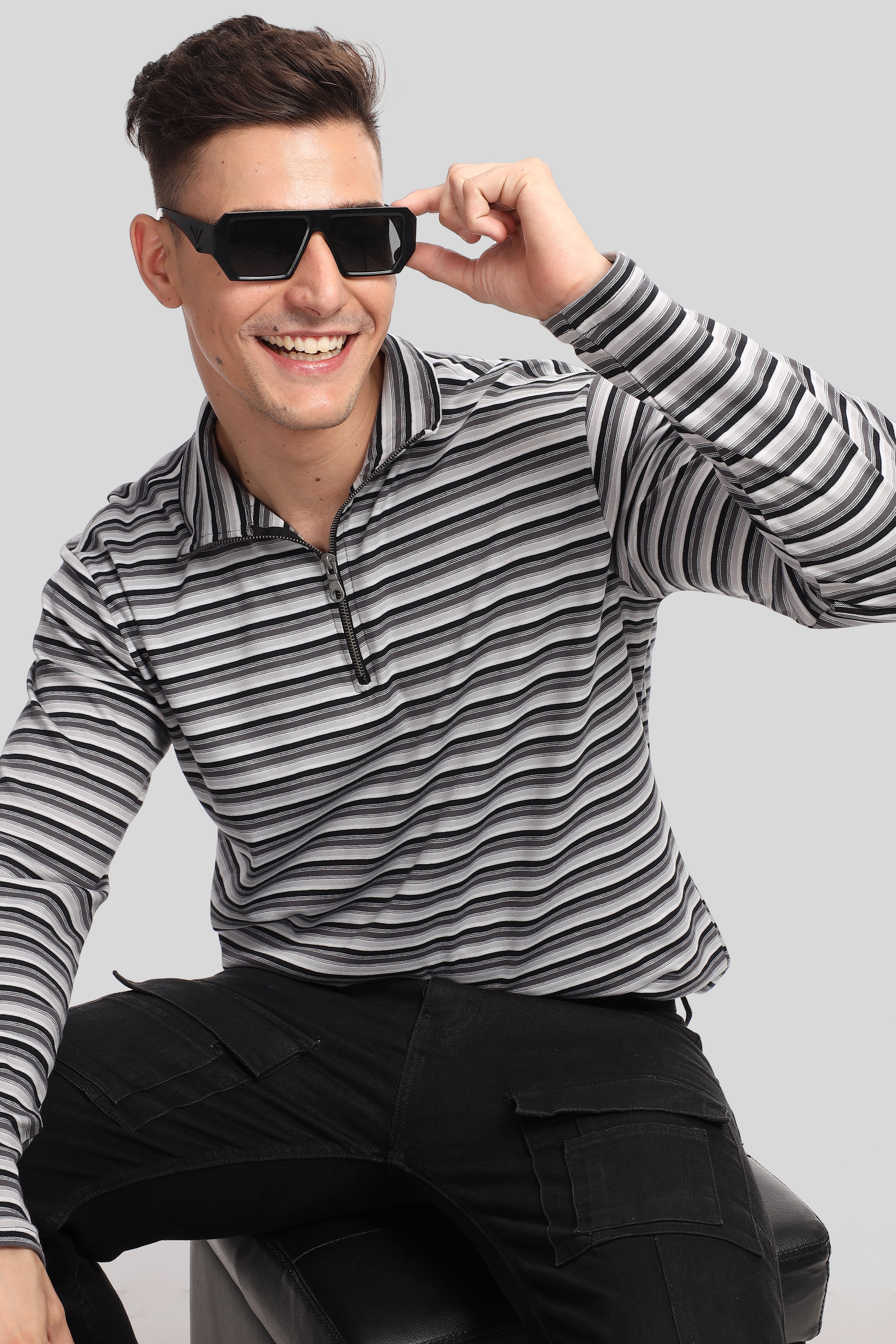 Black Self Design Stripes Zipper T-Shirt