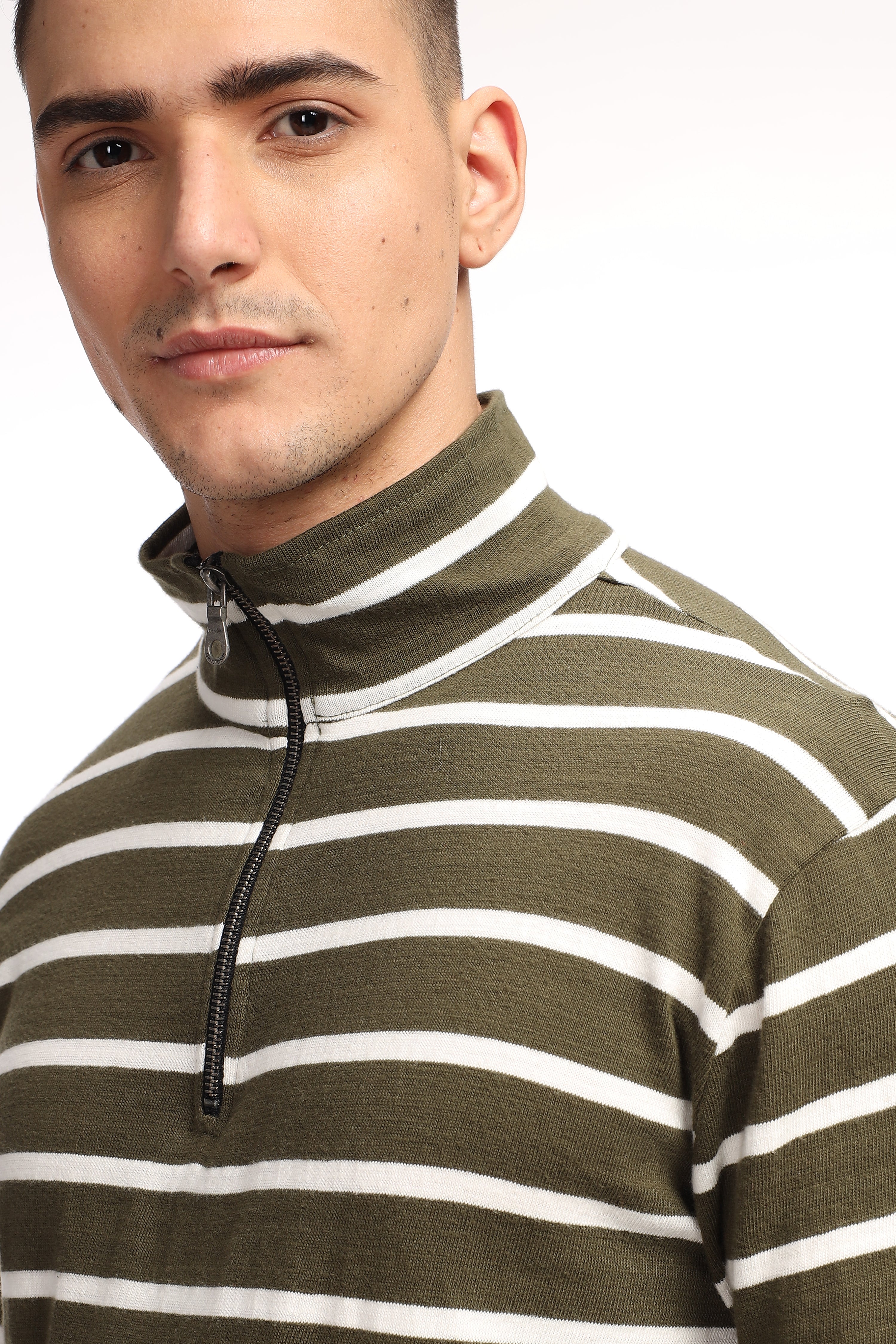 Olive White Self Design Zipper T-Shirt