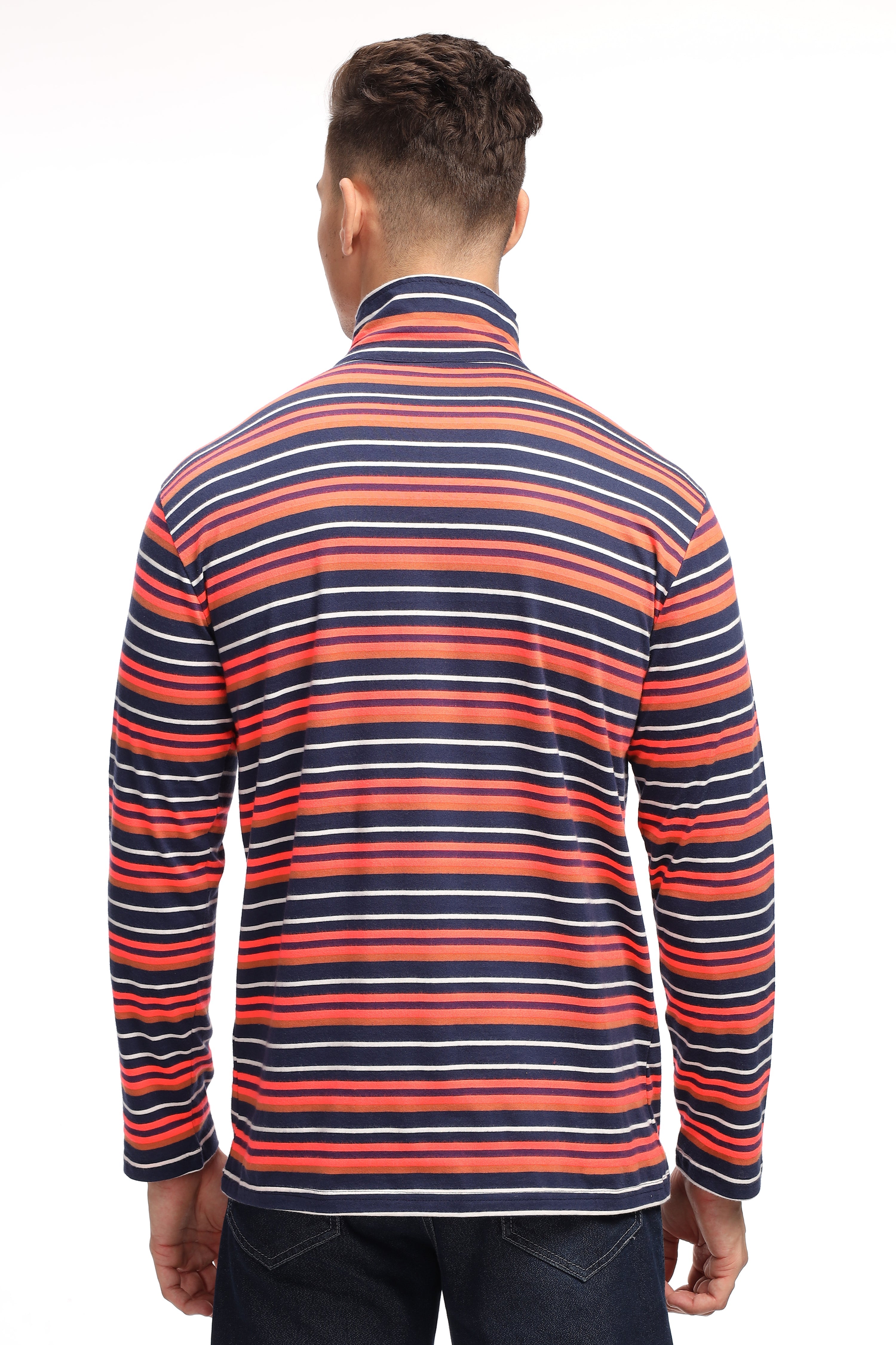 Black Red Self Design Striped Zipper T-Shirt