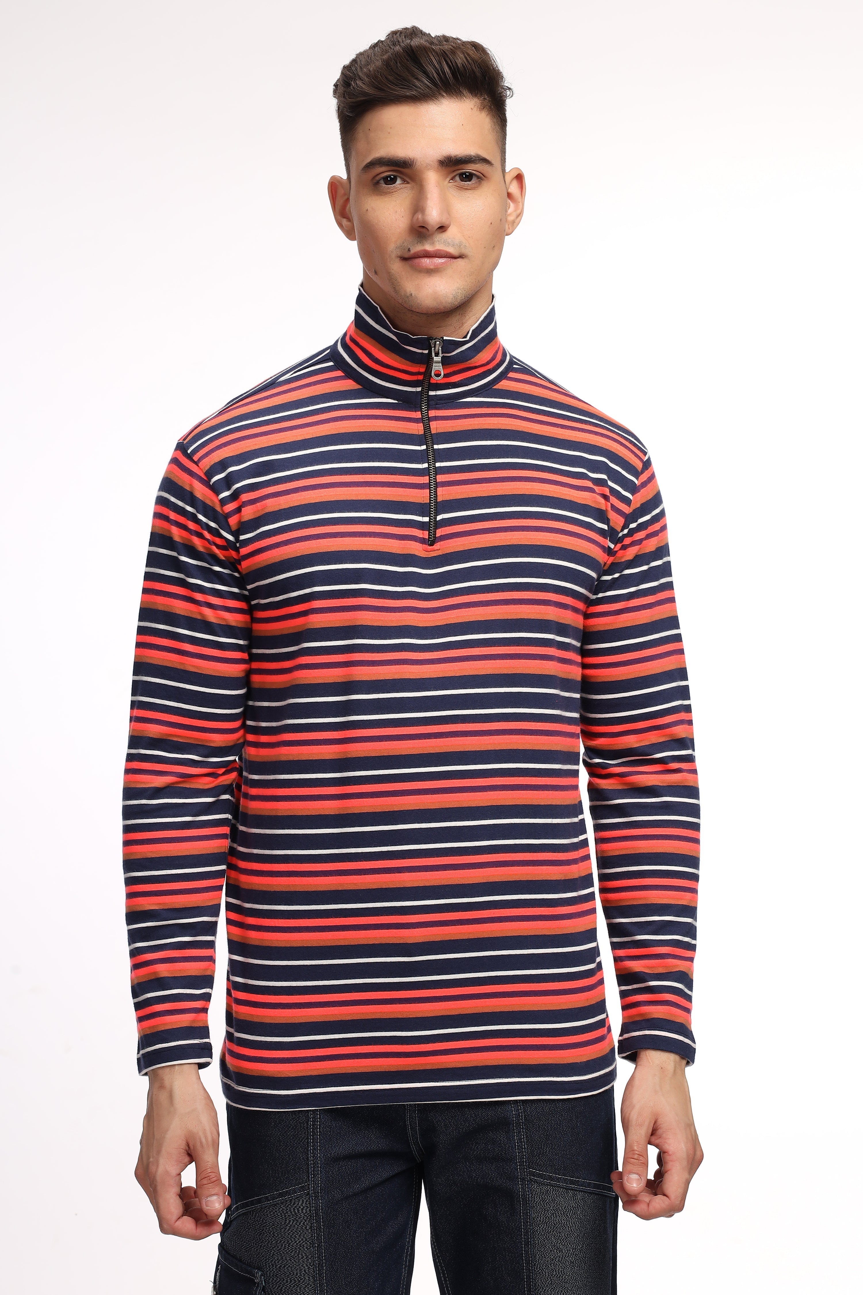 Black Red Self Design Striped Zipper T-Shirt