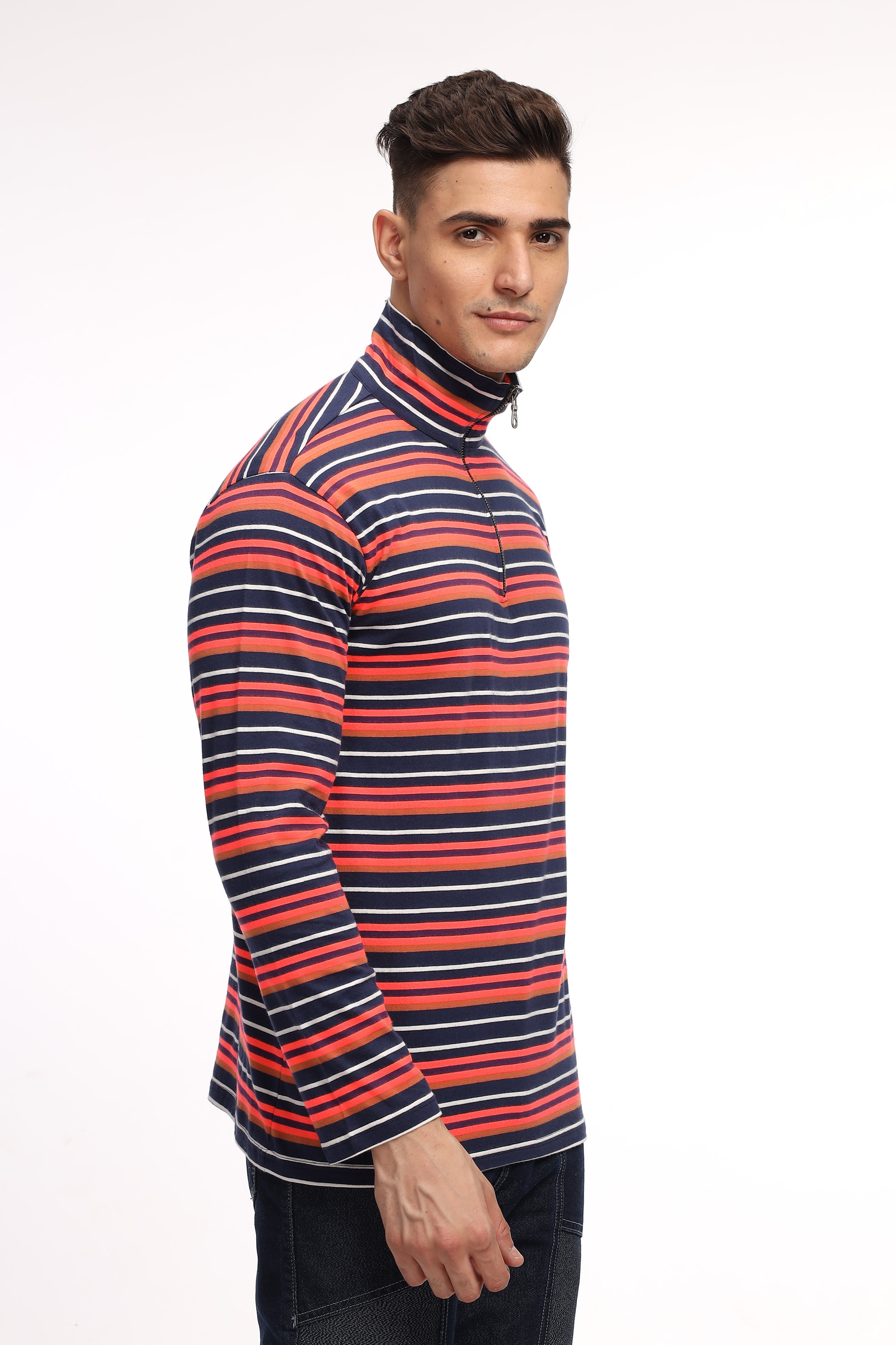 Black Red Self Design Striped Zipper T-Shirt