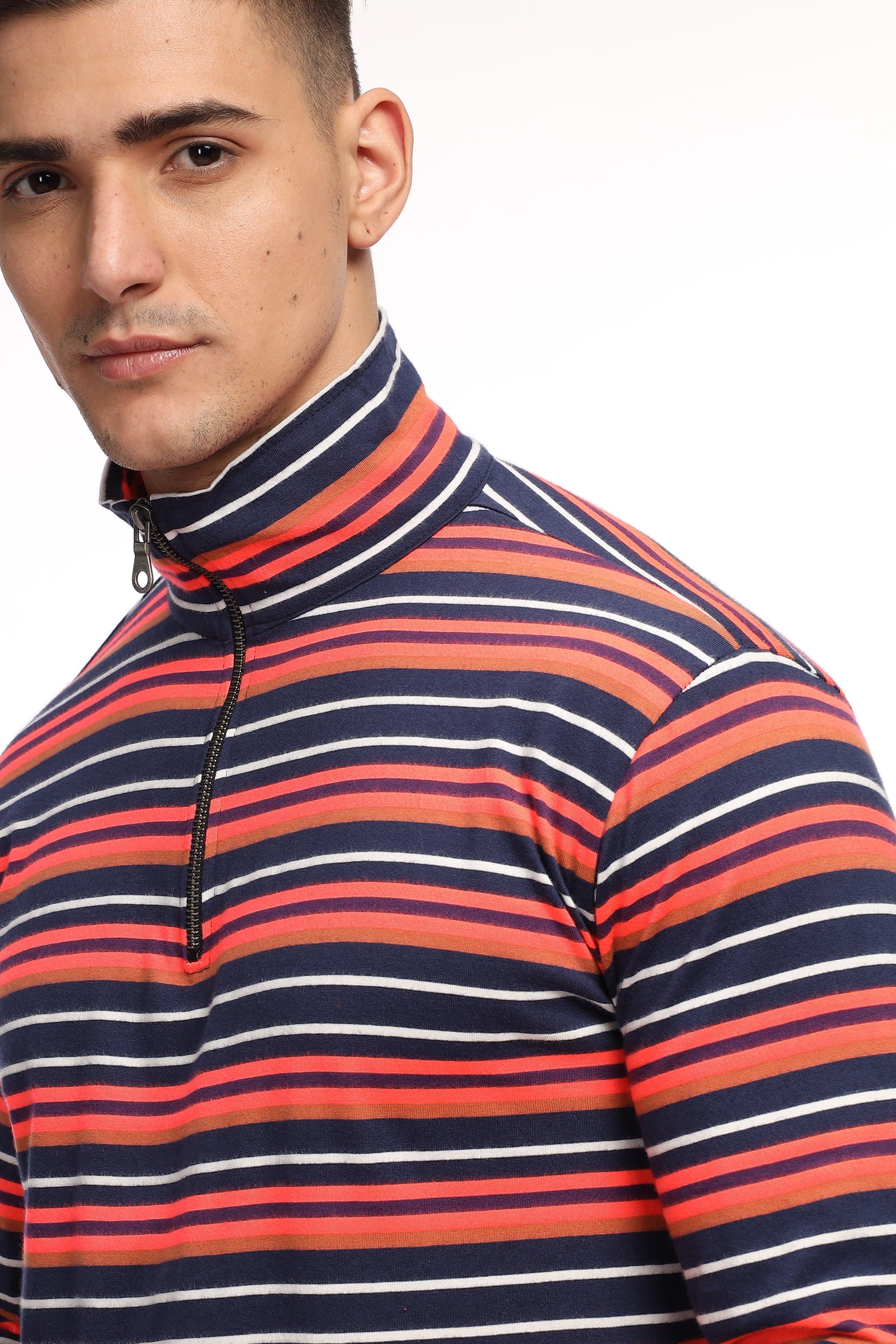 Black Red Self Design Striped Zipper T-Shirt