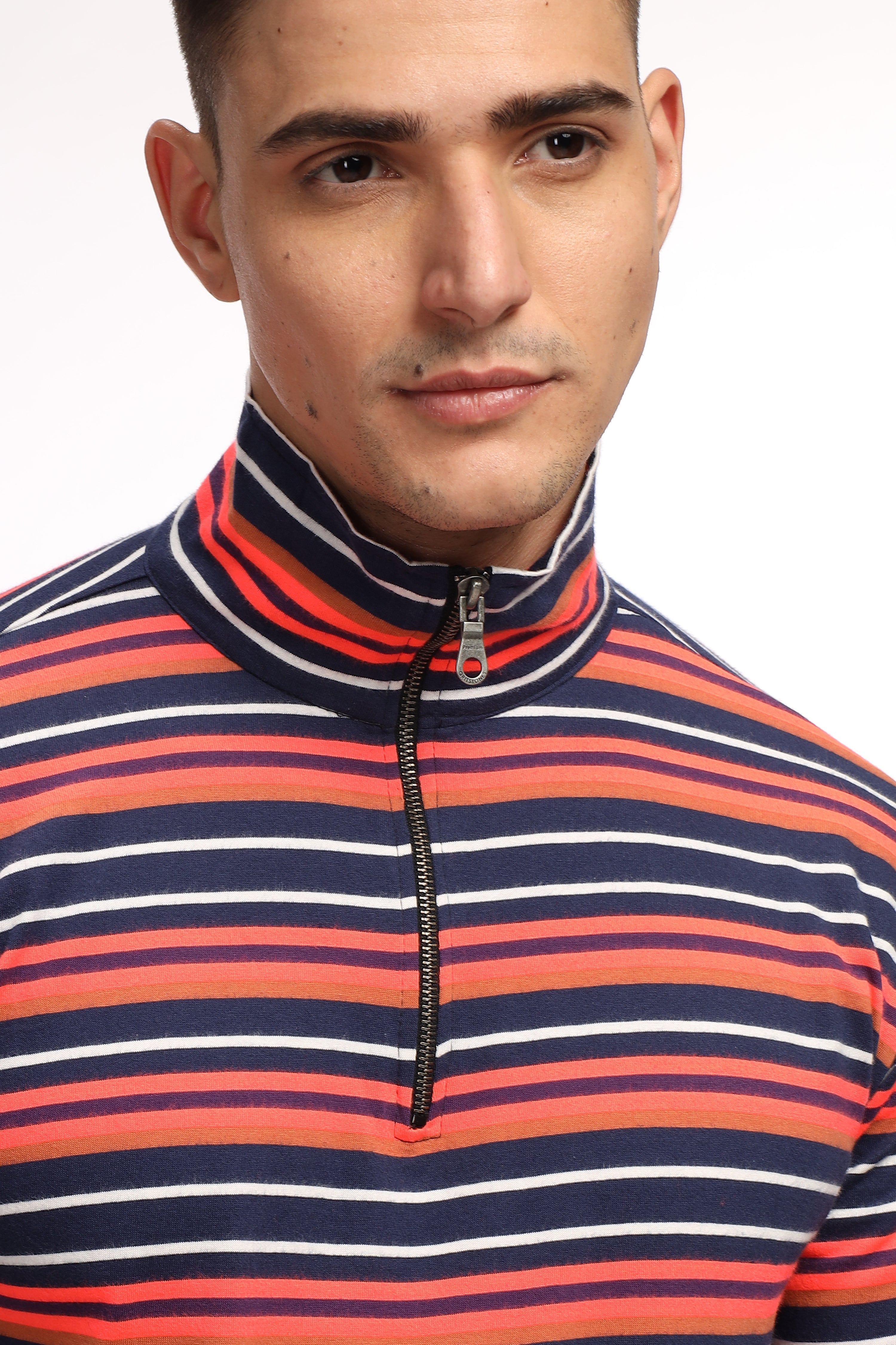 Black Red Self Design Striped Zipper T-Shirt