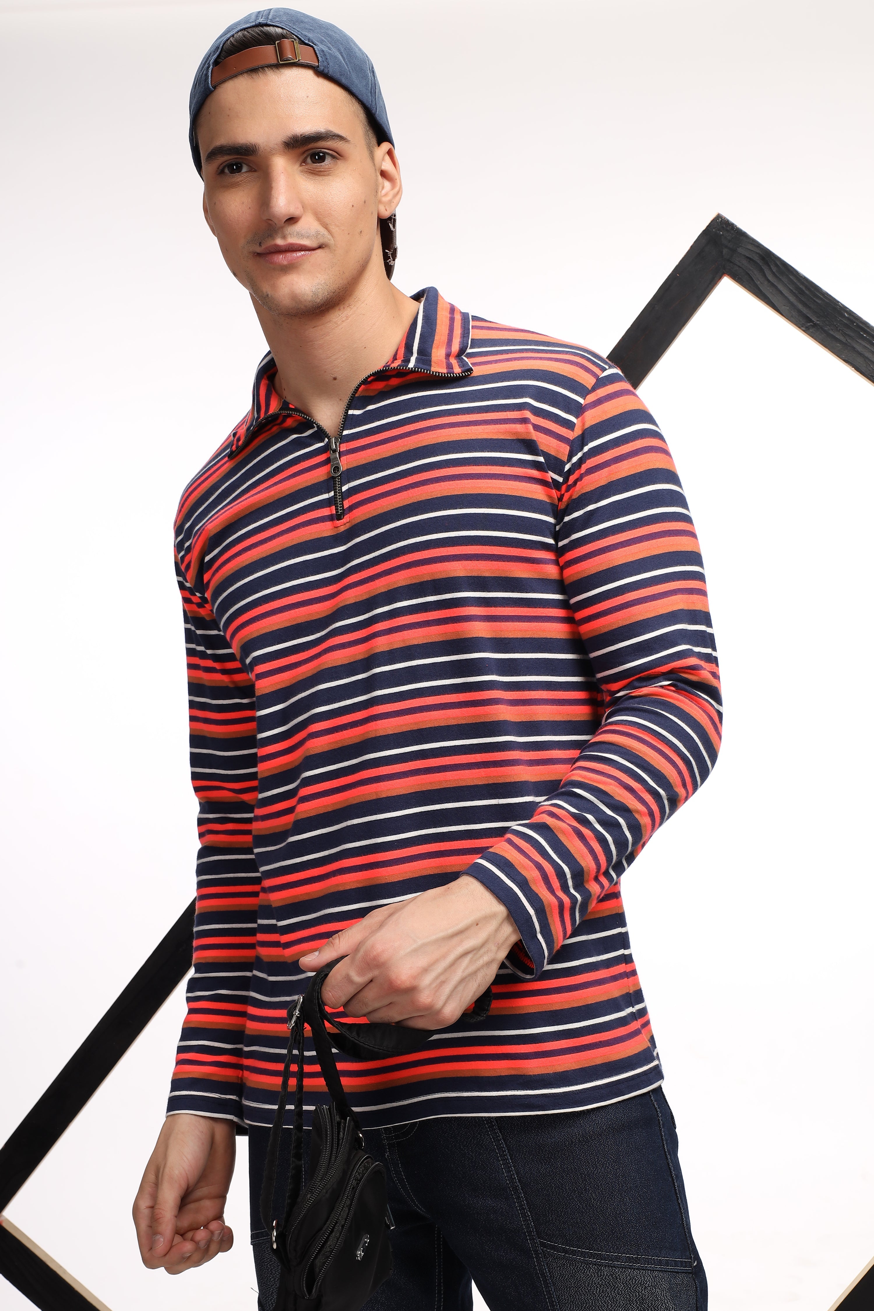 Black Red Self Design Striped Zipper T-Shirt