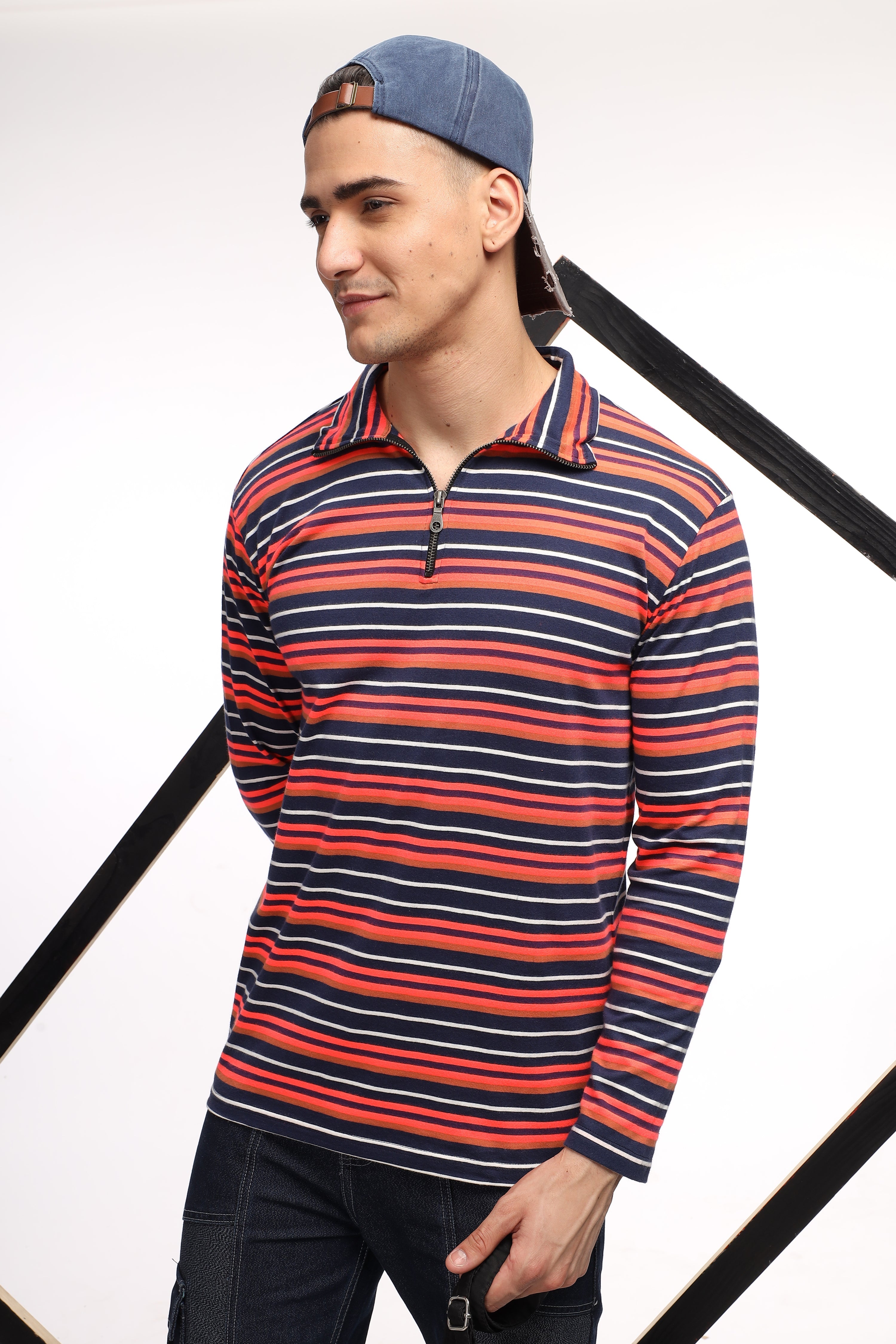 Black Red Self Design Striped Zipper T-Shirt