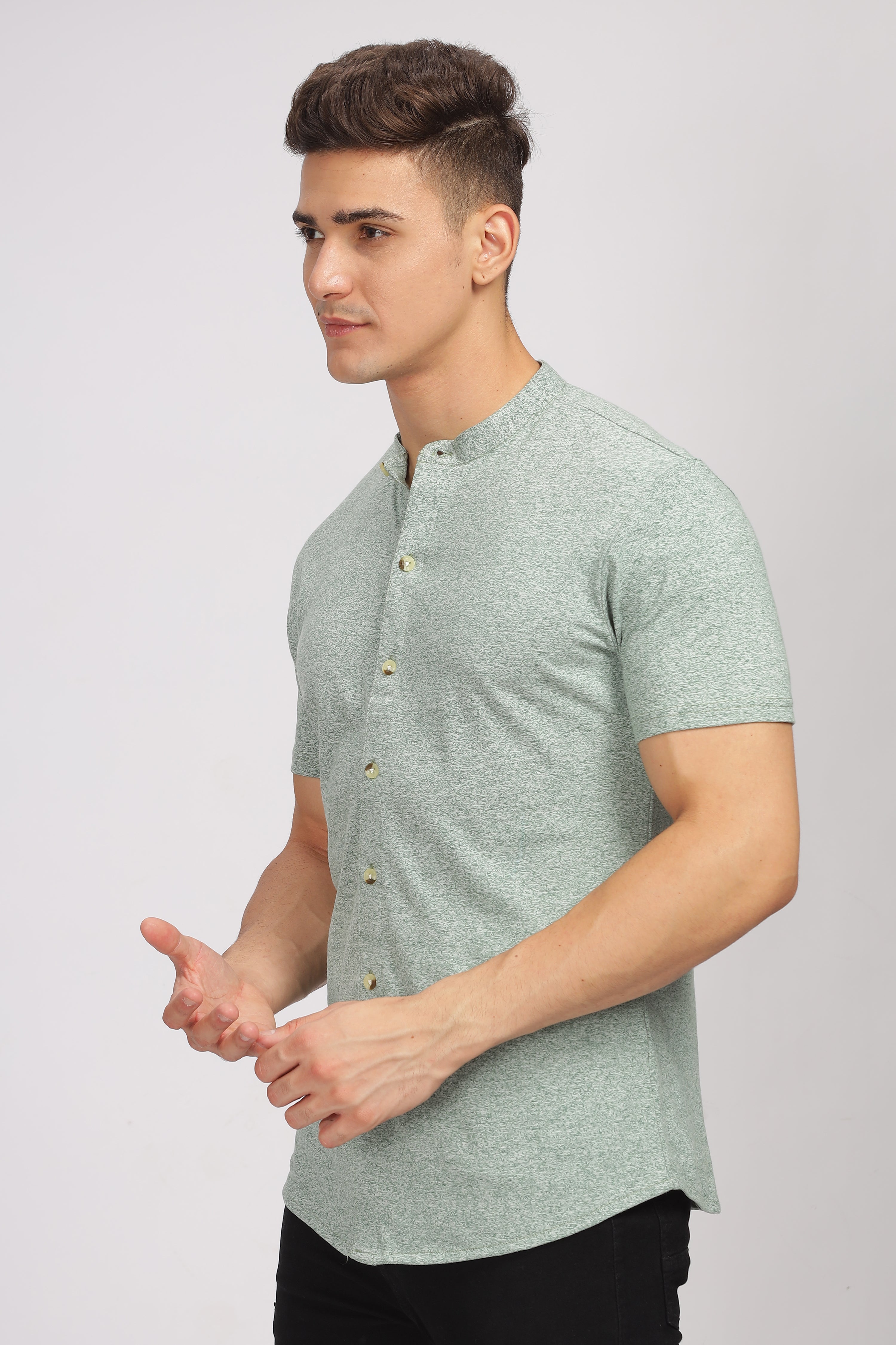 Green Melange Cotton Knit Shirt