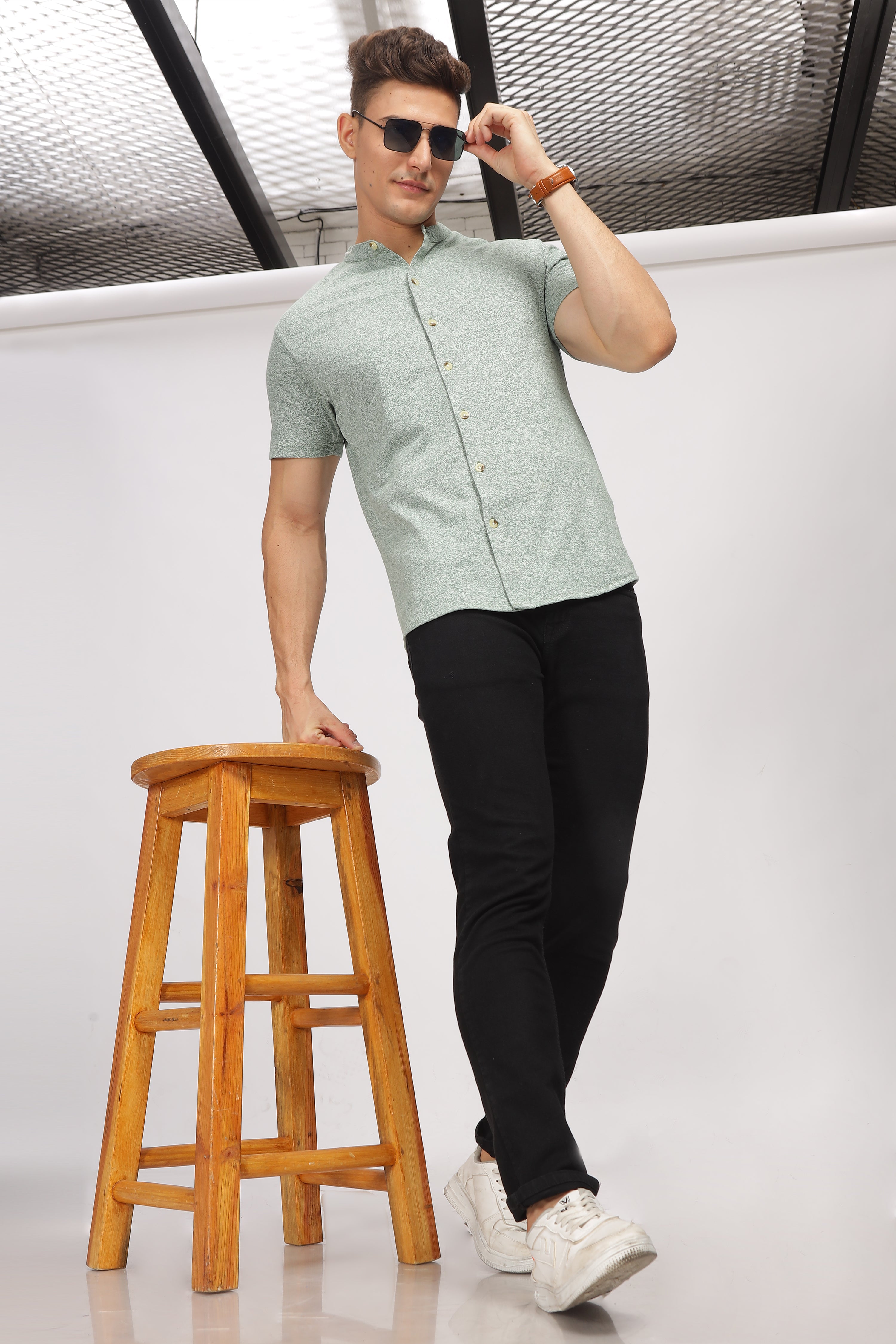 Green Melange Cotton Knit Shirt