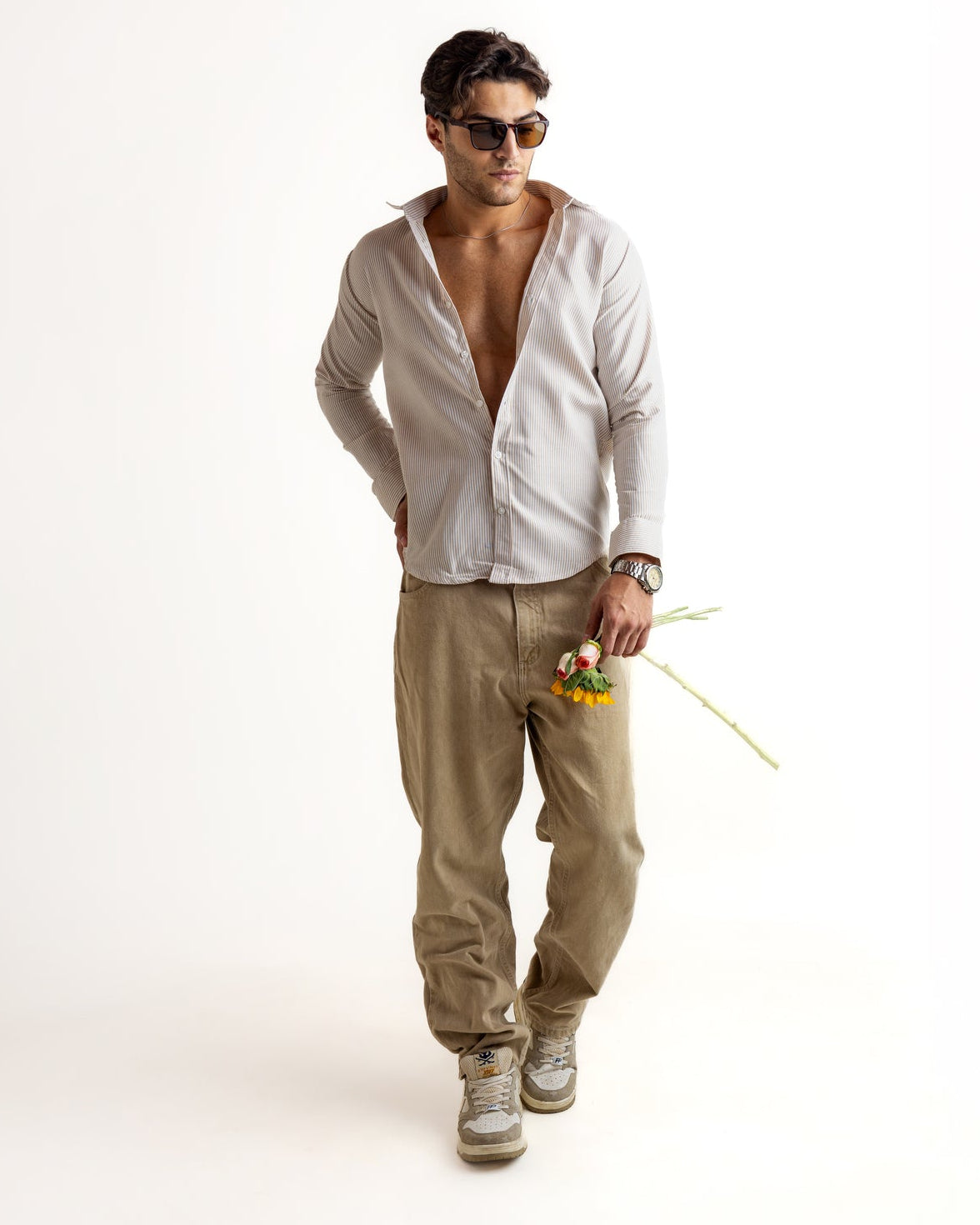 Cream Striped Full Sleeve Cotton Shirt