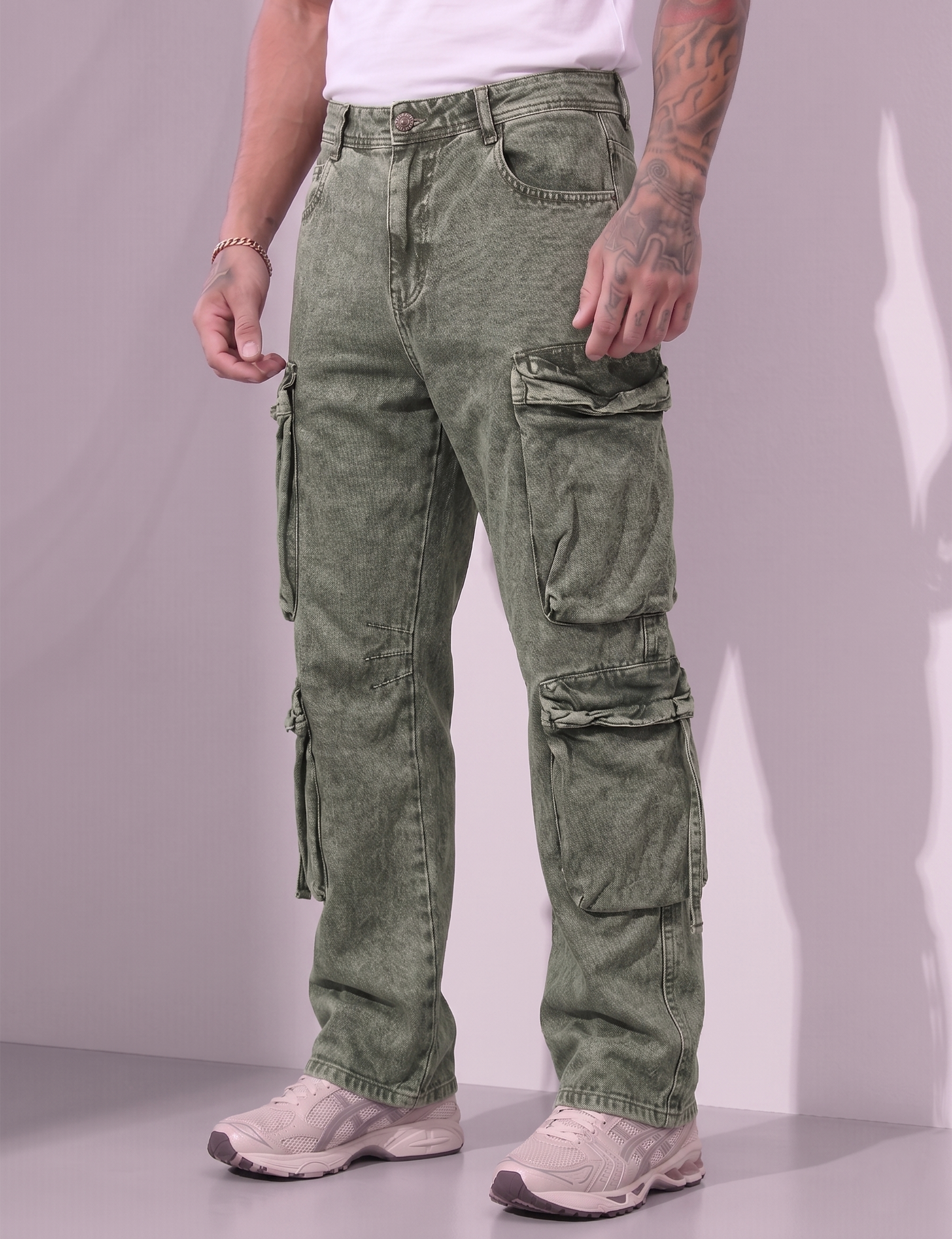 Green Men Button Closure Denim Cargo