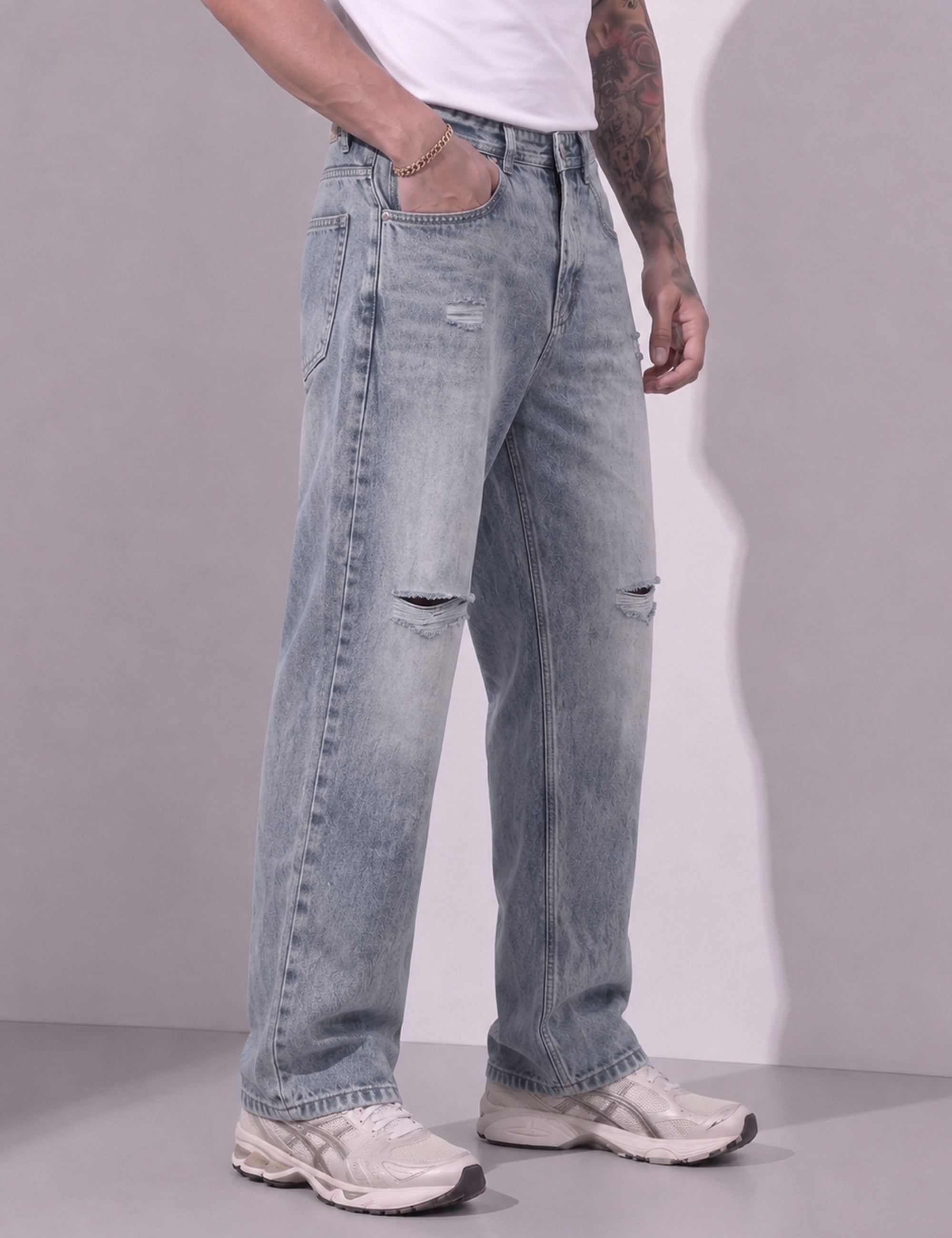 Blue Men Button Closure Denim Cargo