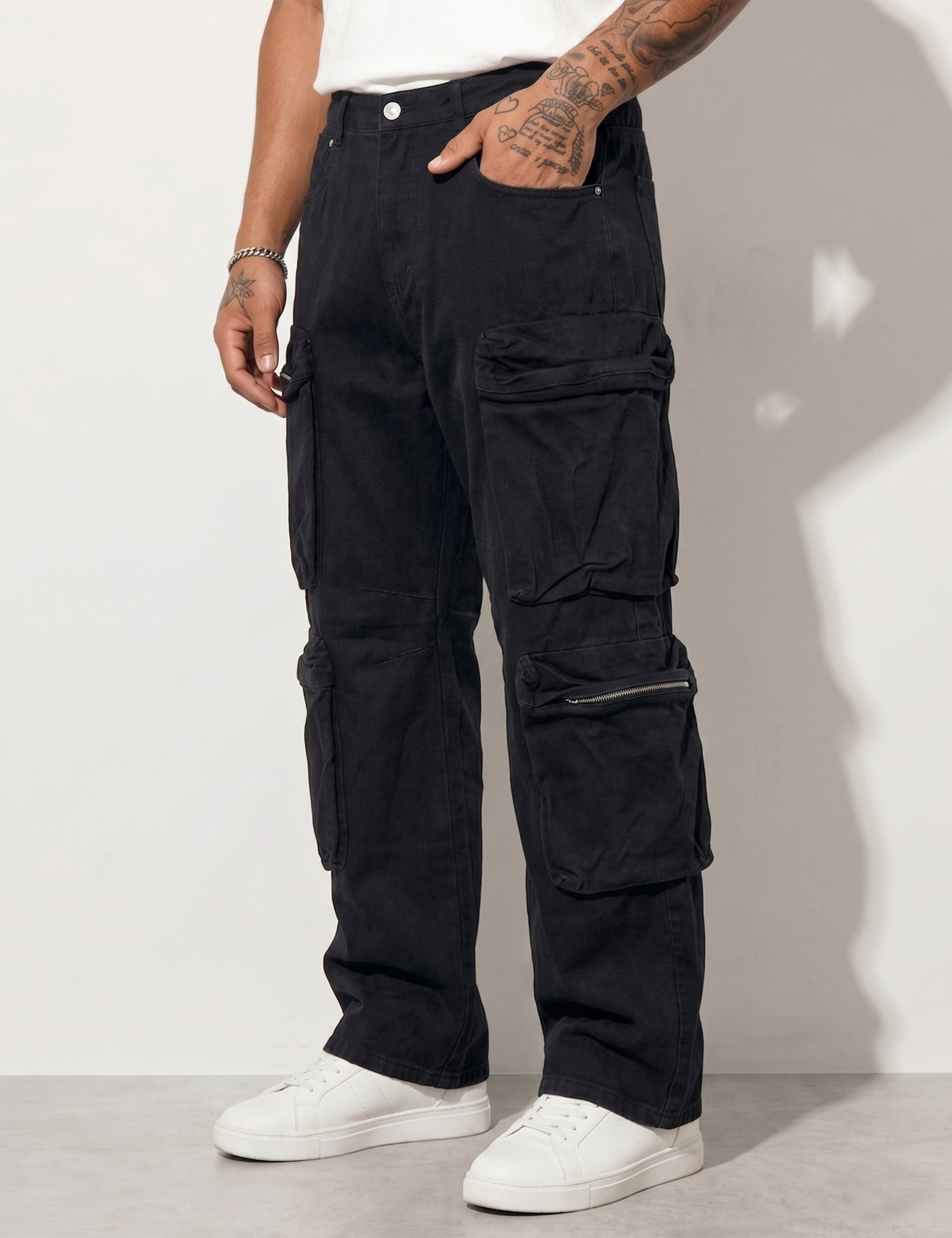 Black Men Button Closure Denim Cargo