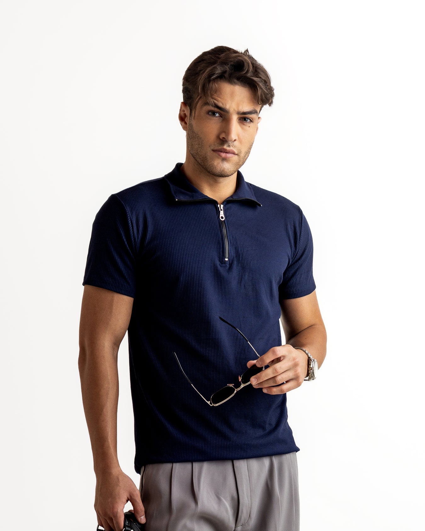 Navy Self Design Cotton Rib Zipper T-Shirt