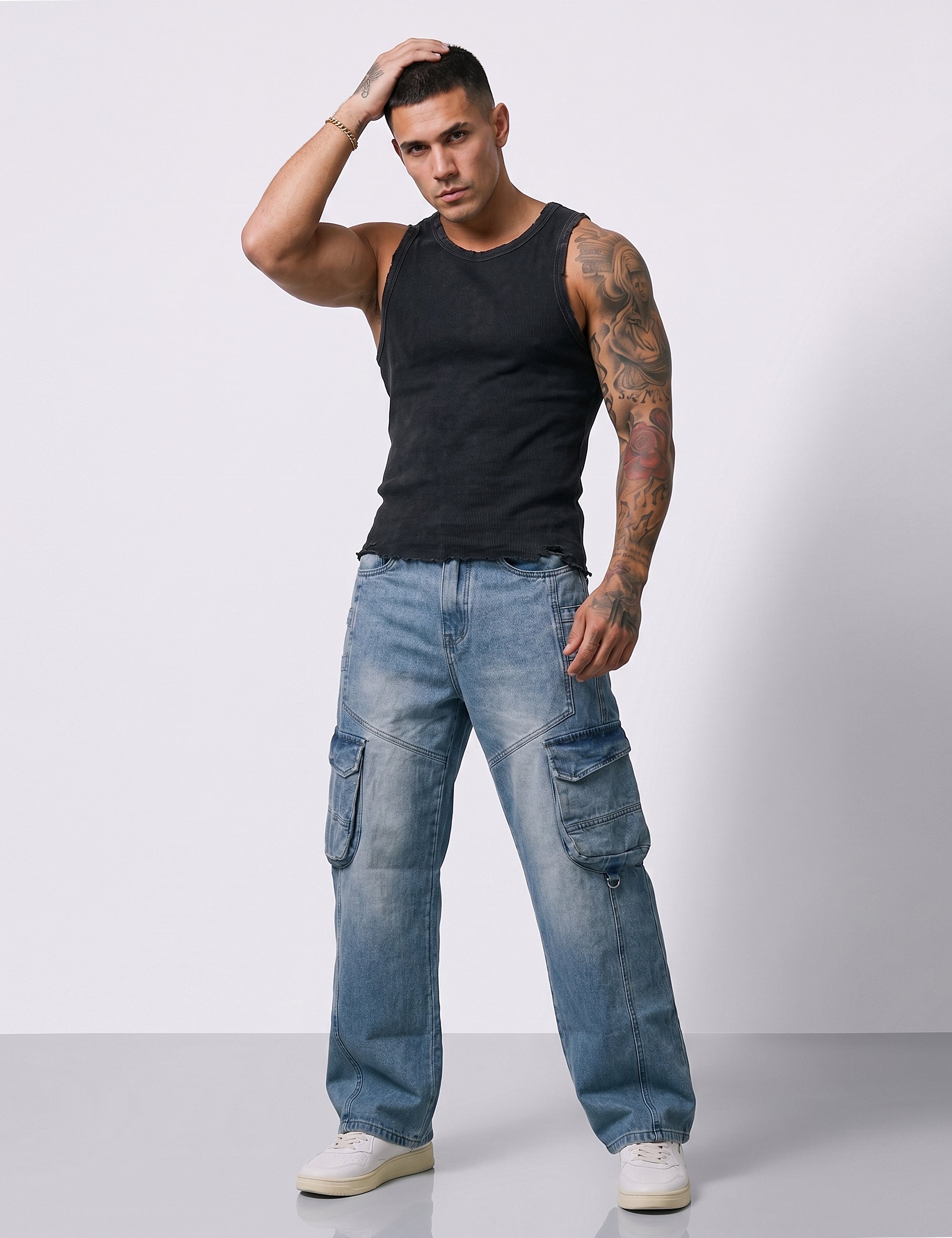 Grey Blue Men Pocket Denim Cargo