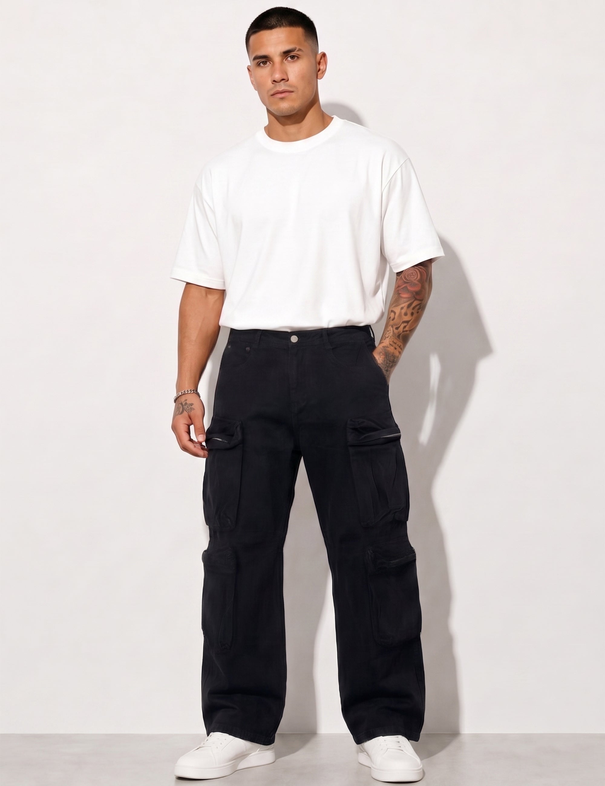 Black Men Button Closure Denim Cargo