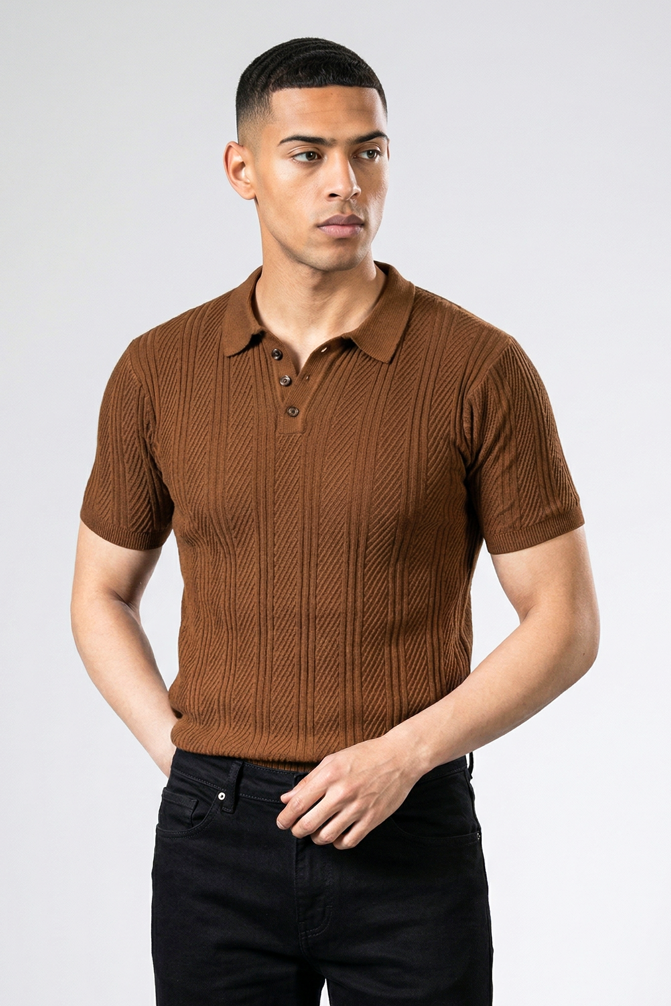 Embedded Textured Brown Premium Flat Knit Polo T-Shirt
