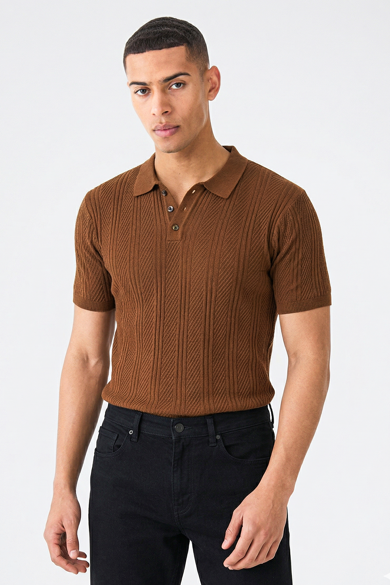 Embedded Textured Brown Premium Flat Knit Polo T-Shirt
