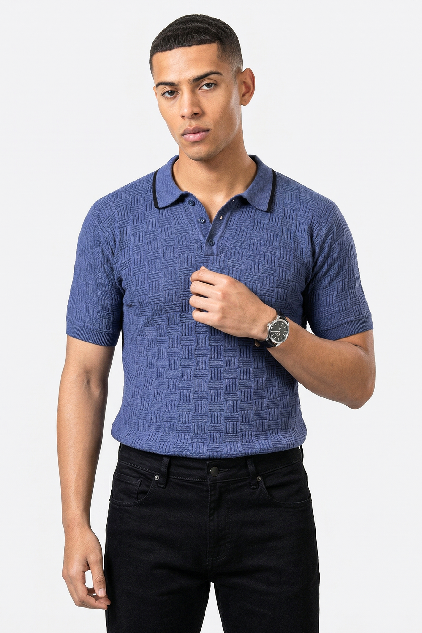 Embedded Textured Flat Knit Premium Polo T-Shirt