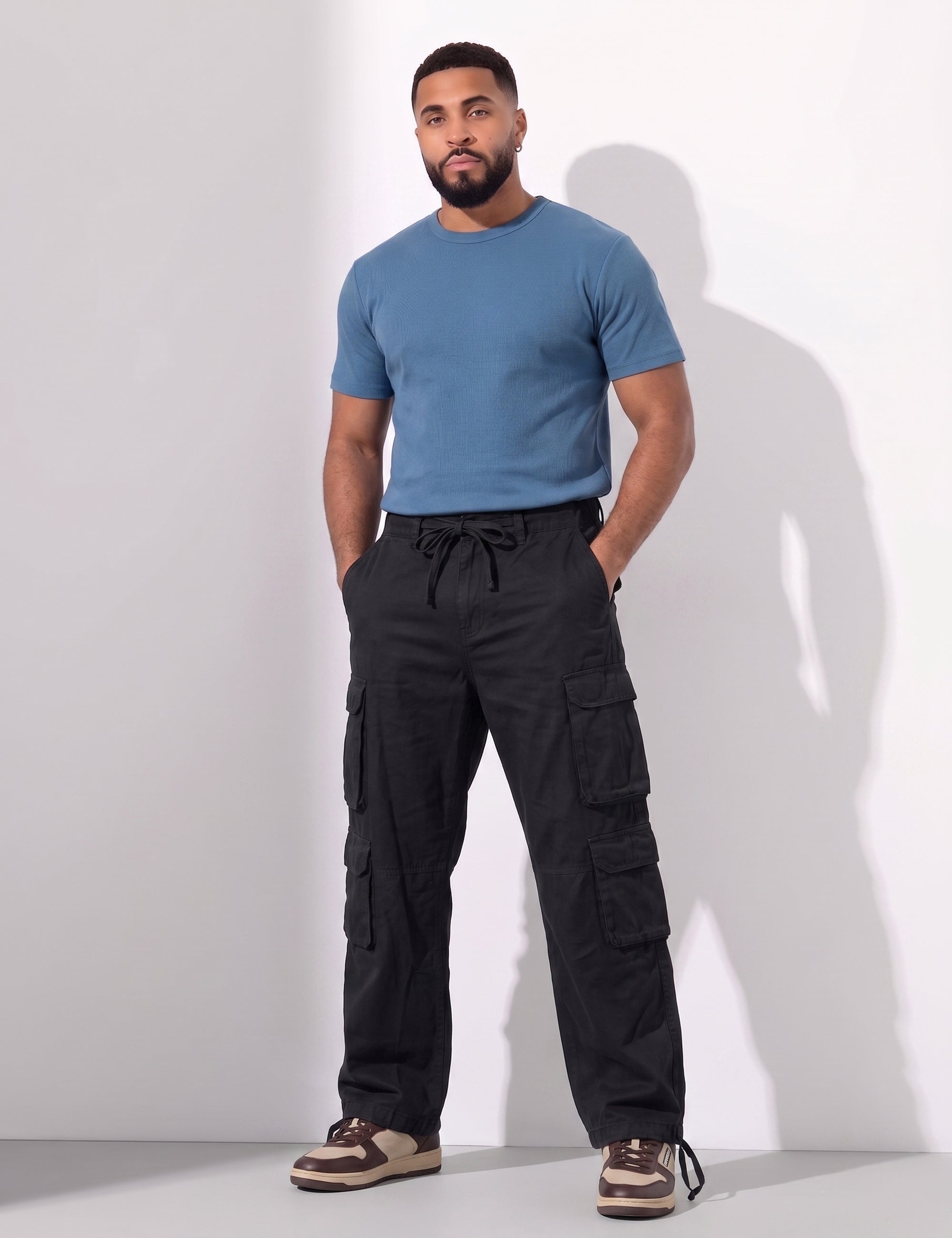 Black Men Elasticated Waist Drawstring Closure Cargo Pant
