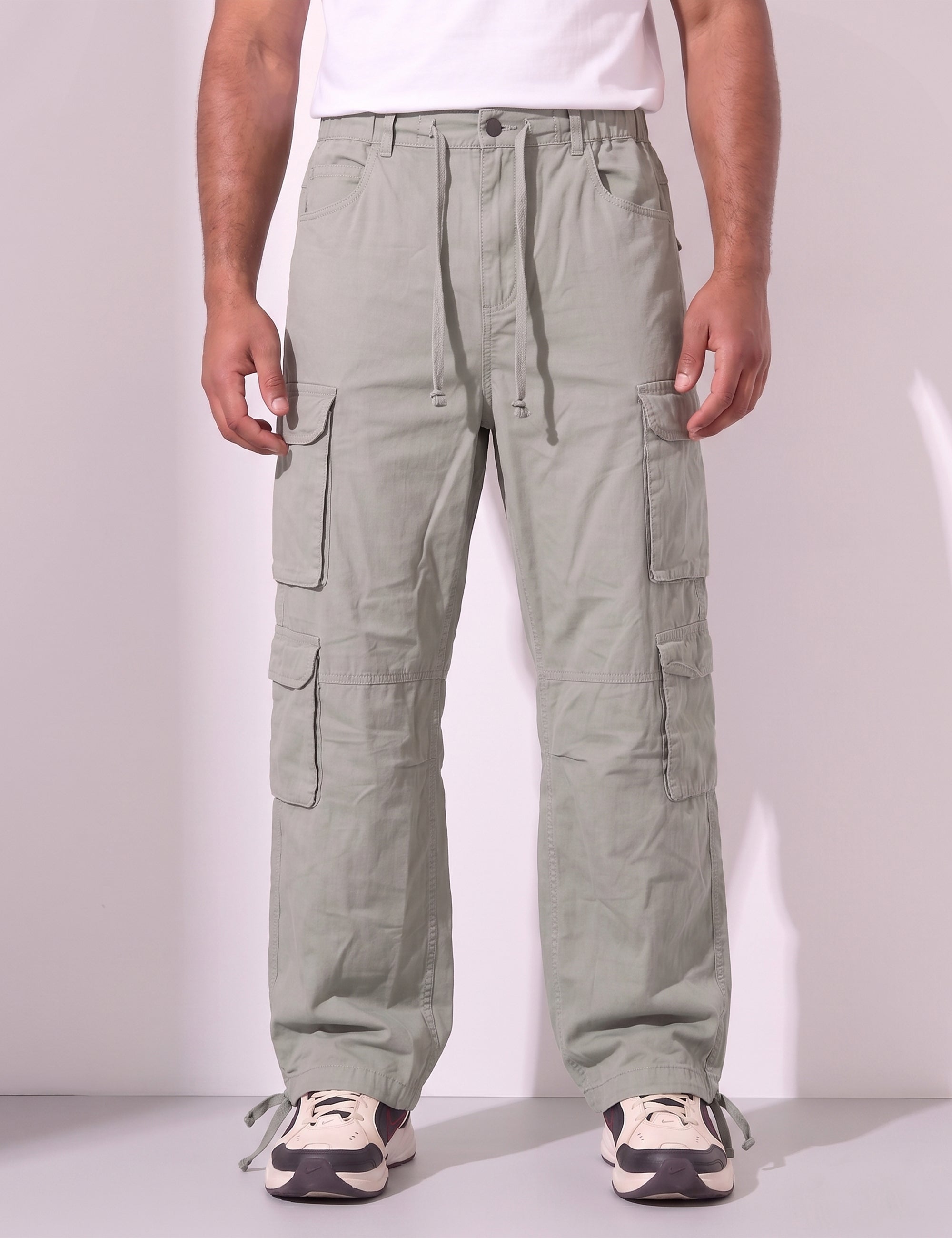 Light Grey Men Elasticated Waist Drawstring Closure Cargo Pant