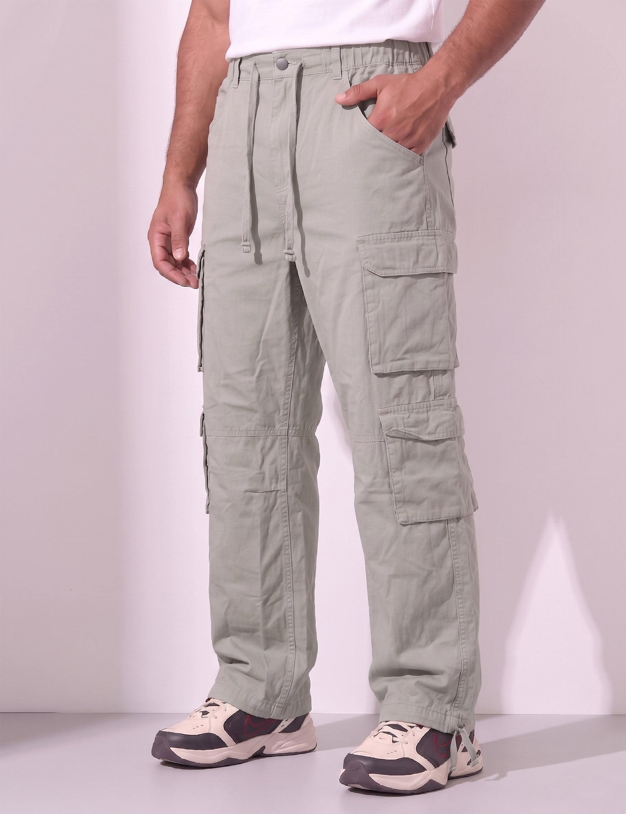 Light Grey Men Elasticated Waist Drawstring Closure Cargo Pant