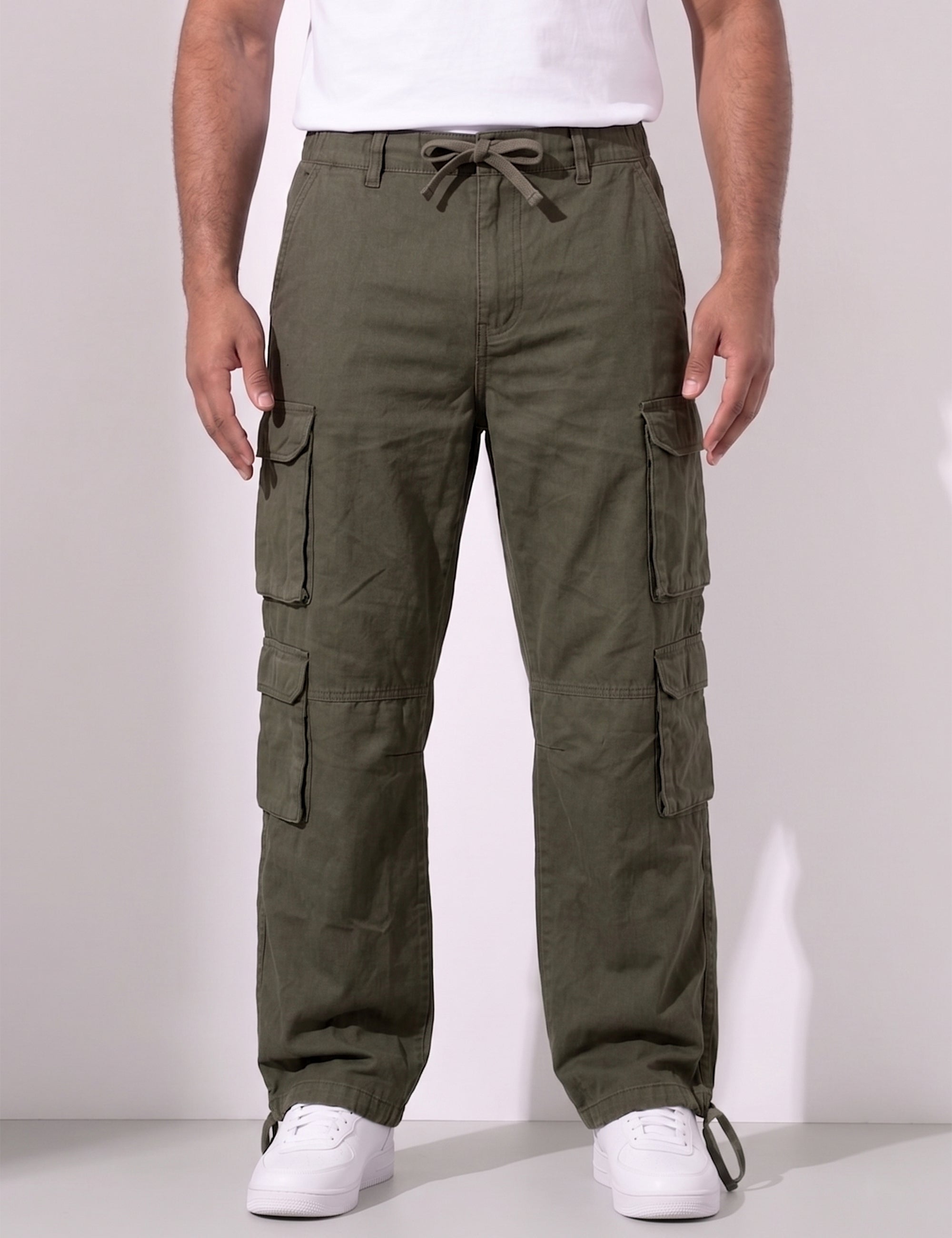 Olive Green Men Elasticated Waist Drawstring Closure Cargo Pant
