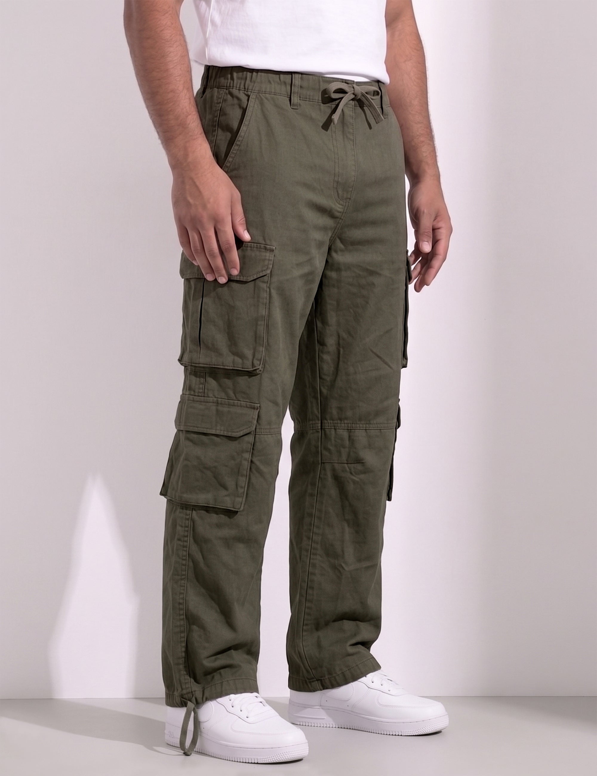 Olive Green Men Elasticated Waist Drawstring Closure Cargo Pant