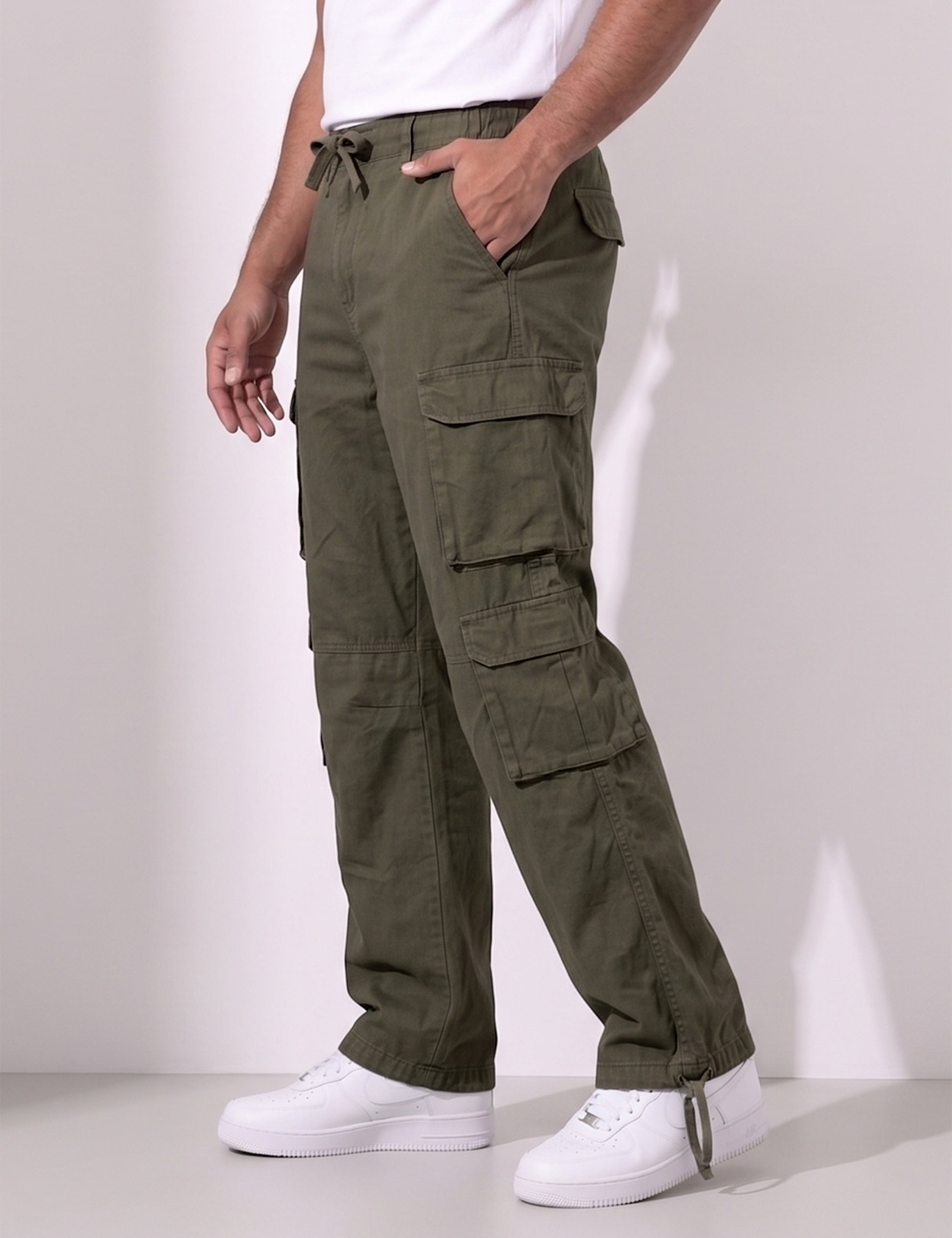 Olive Green Men Elasticated Waist Drawstring Closure Cargo Pant