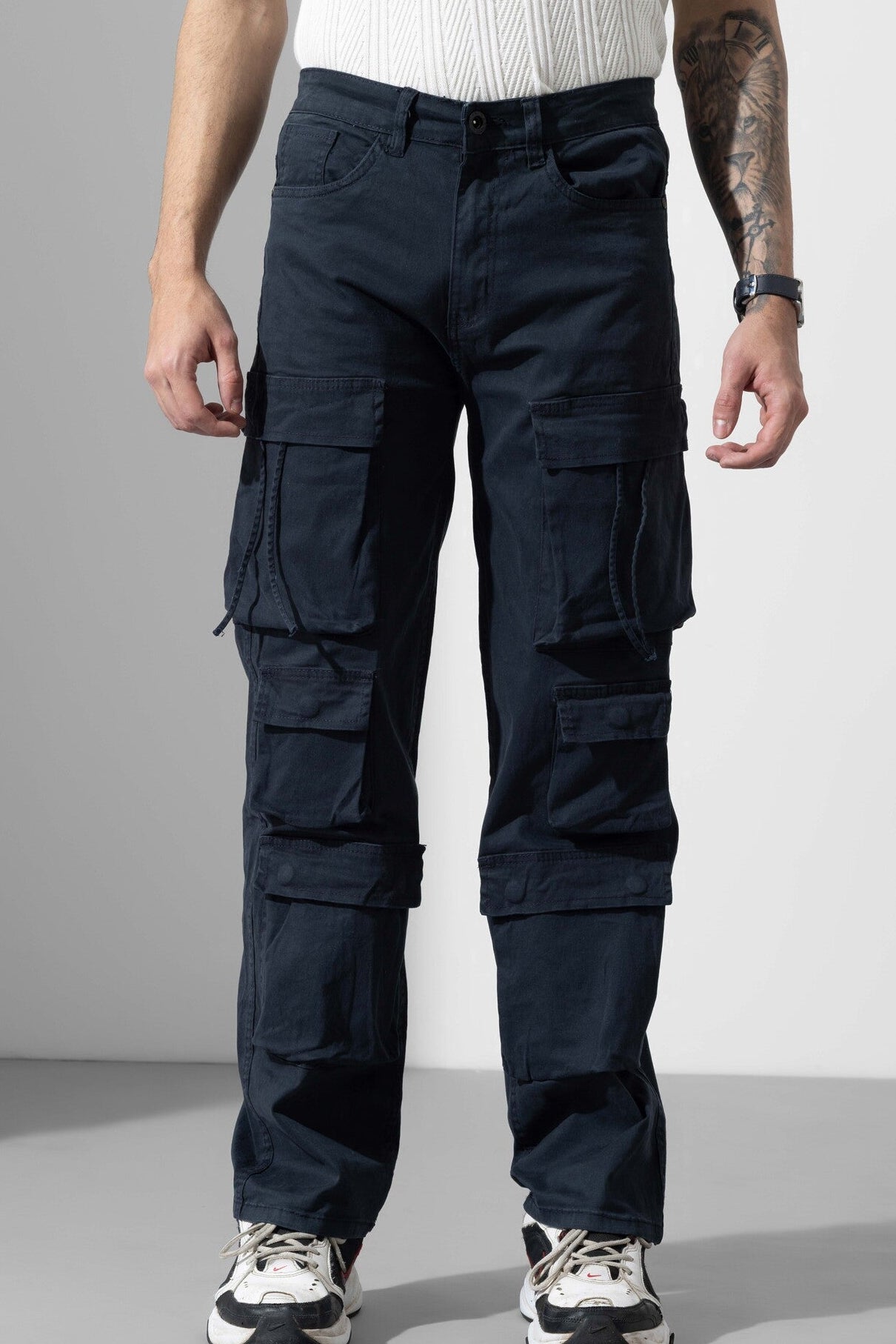 Navy Blue Men Multi Pocket Solid Cargo Pant