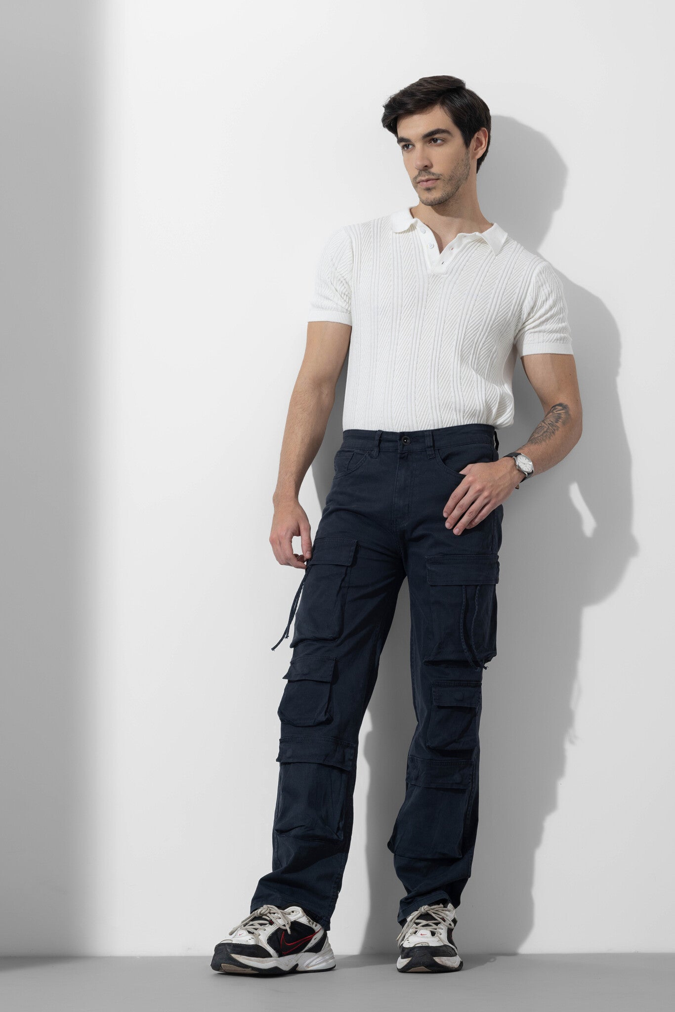 Navy Blue Men Multi Pocket Solid Cargo Pant