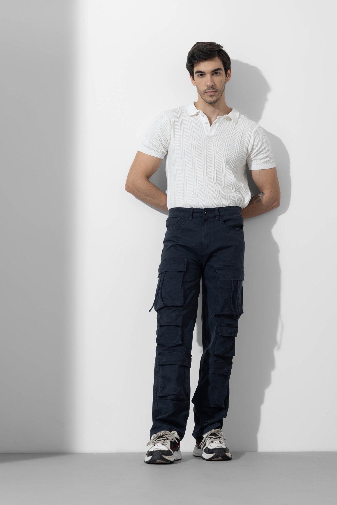 Navy Blue Men Multi Pocket Solid Cargo Pant