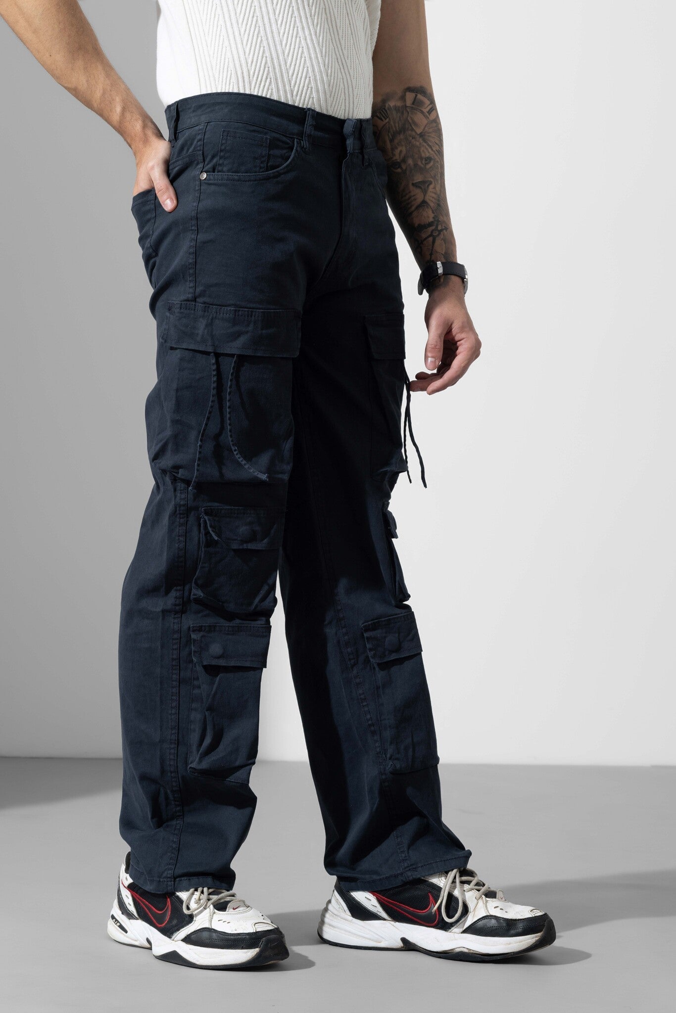 Navy Blue Men Multi Pocket Solid Cargo Pant