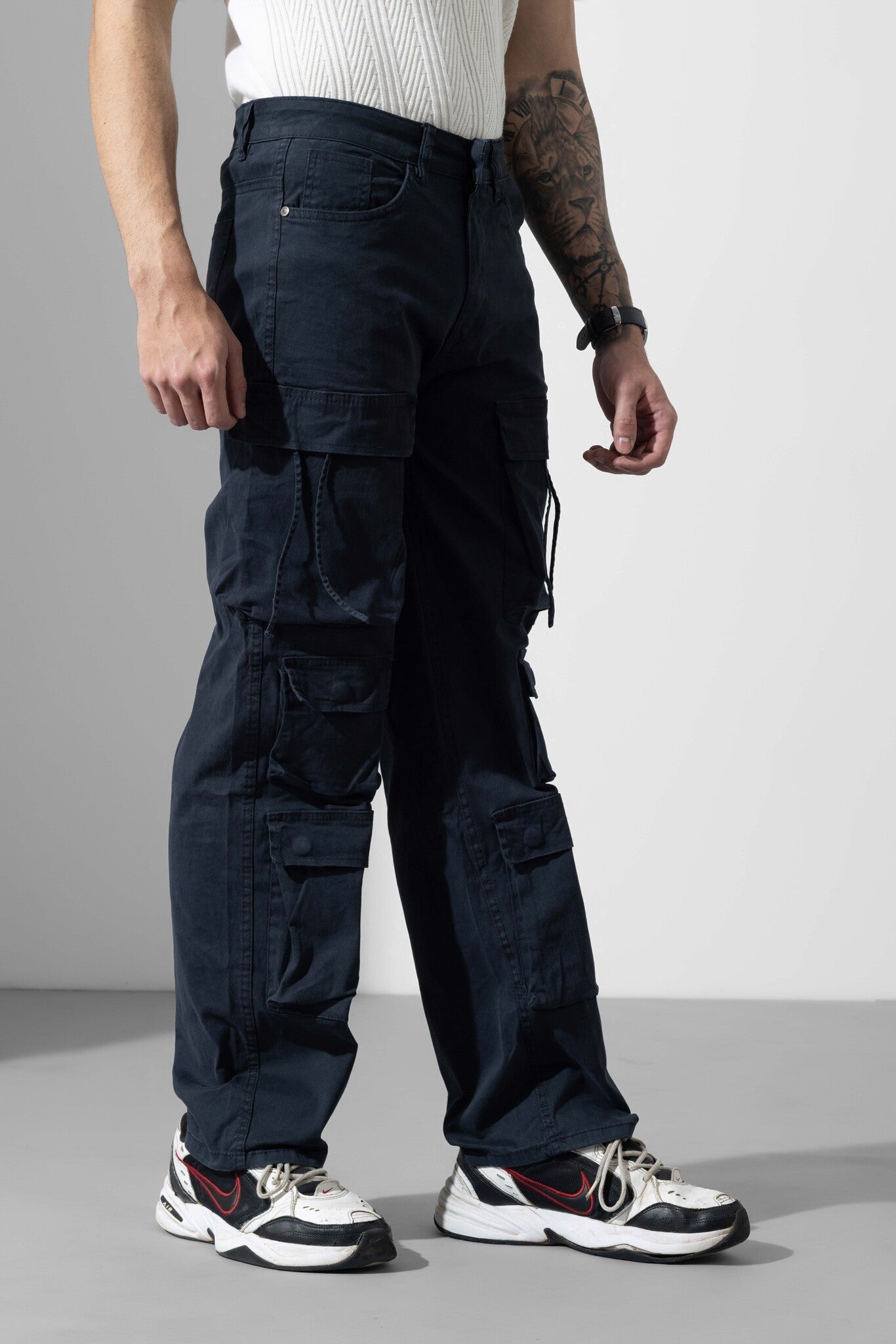 Navy Blue Men Multi Pocket Solid Cargo Pant