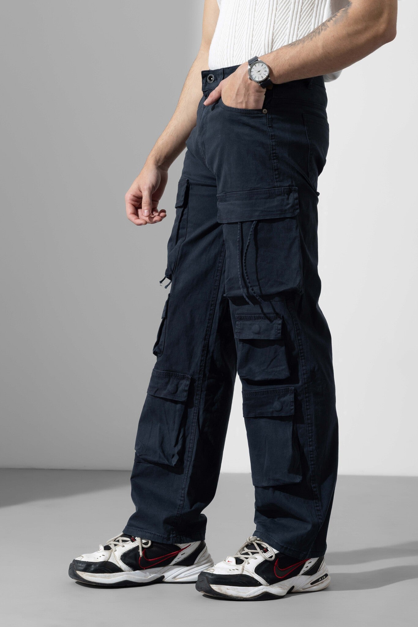 Navy Blue Men Multi Pocket Solid Cargo Pant