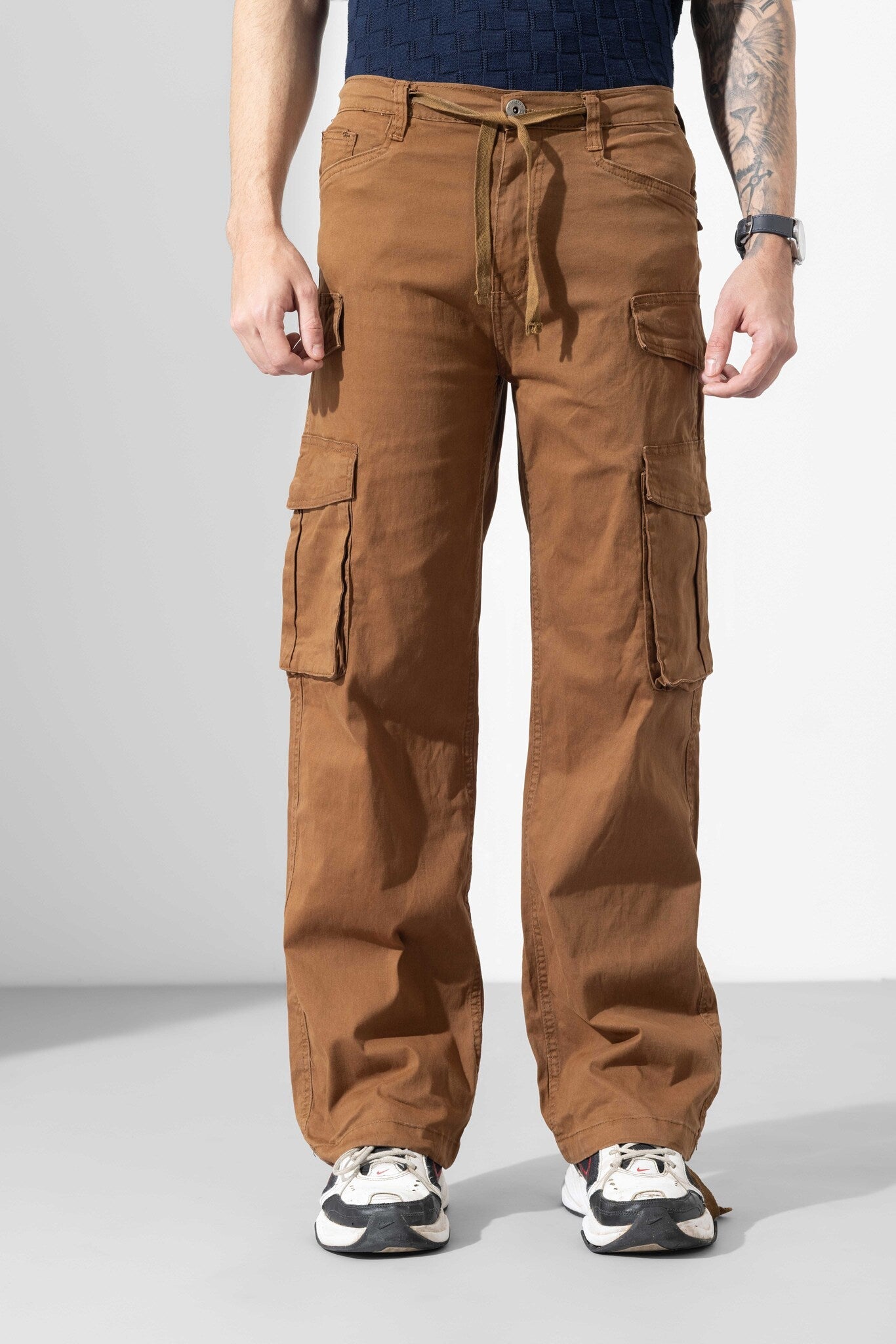 Brown Men Drawstring Cotton Cargo Pant